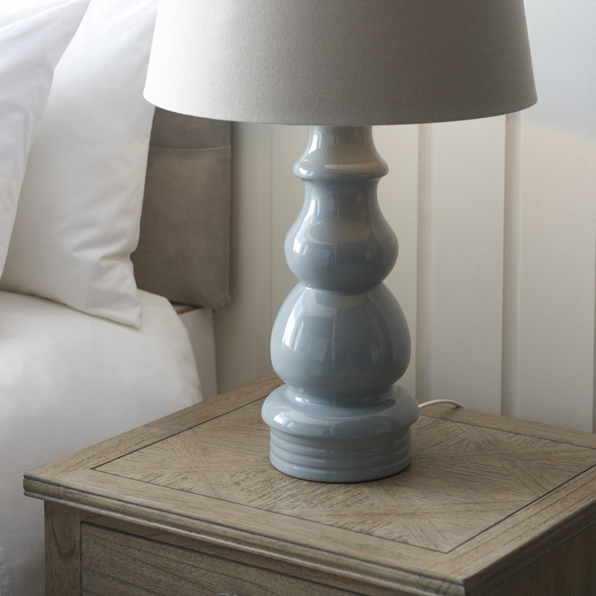 103375 Provence And Cici 1 Light Table Lamp Blue Grey Satin Nickel Plate And Grey Linen Fabric