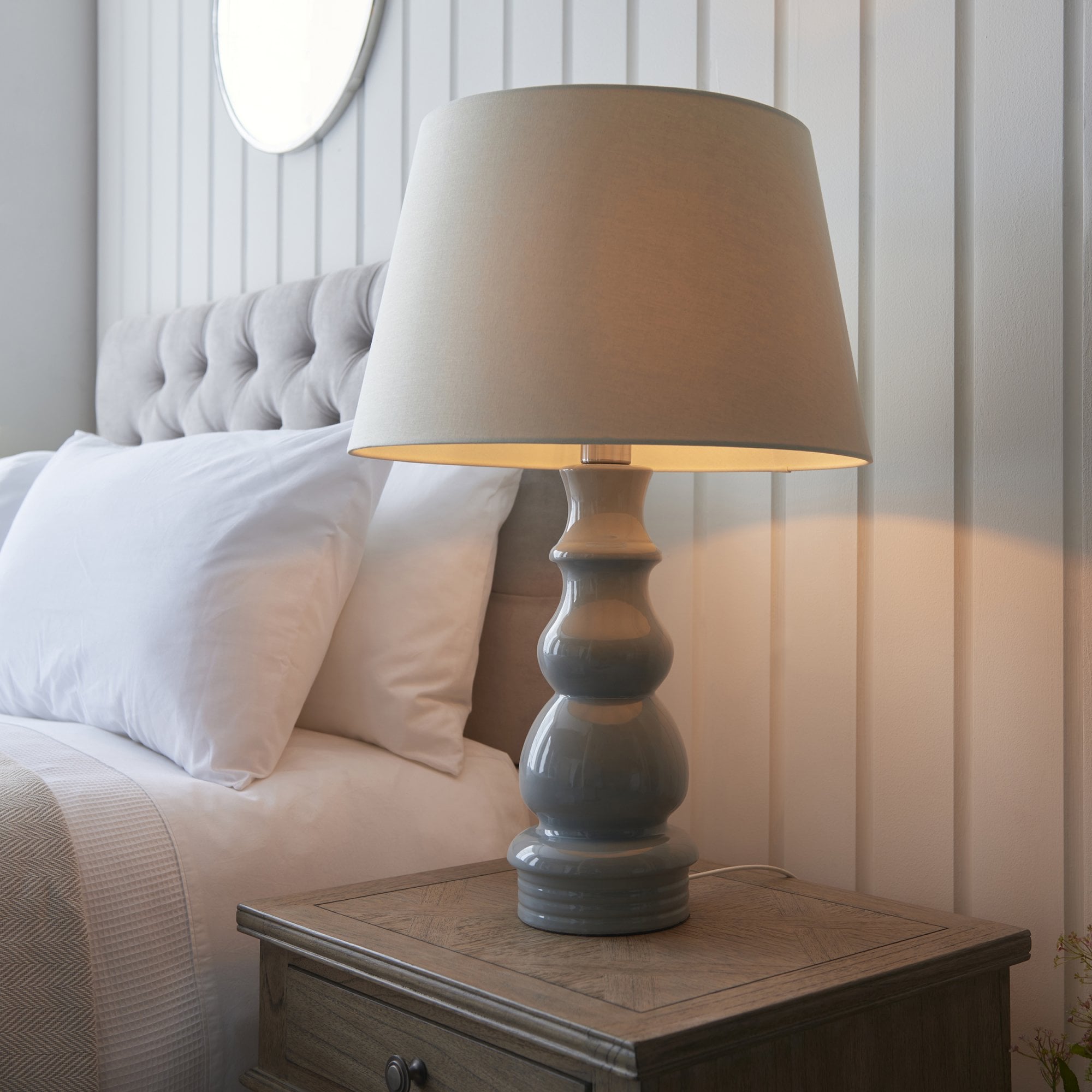 103376 Provence And Cici 1 Light Table Lamp Blue Grey Satin Nickel Plate And Ivory Linen Fabric