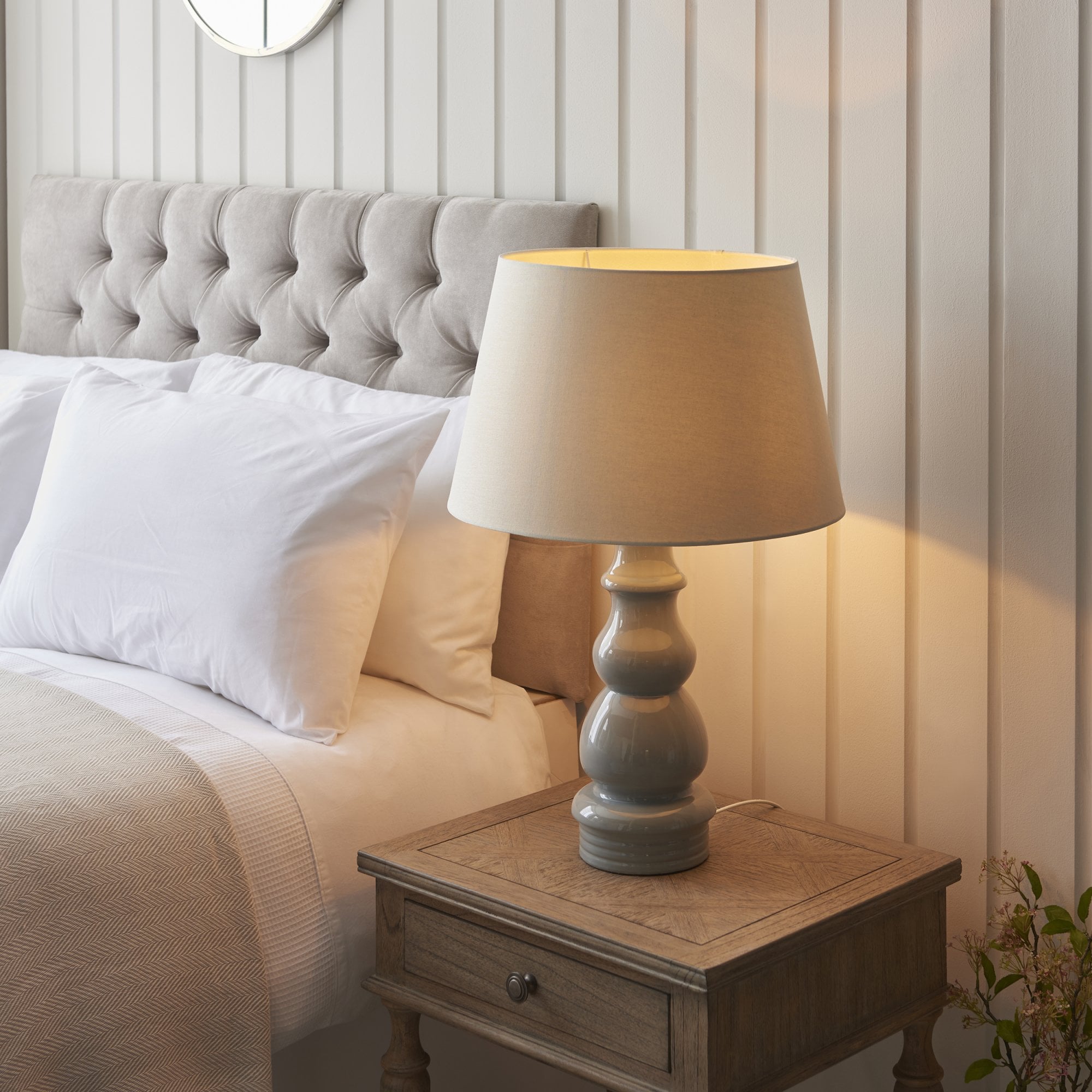 103376 Provence And Cici 1 Light Table Lamp Blue Grey Satin Nickel Plate And Ivory Linen Fabric