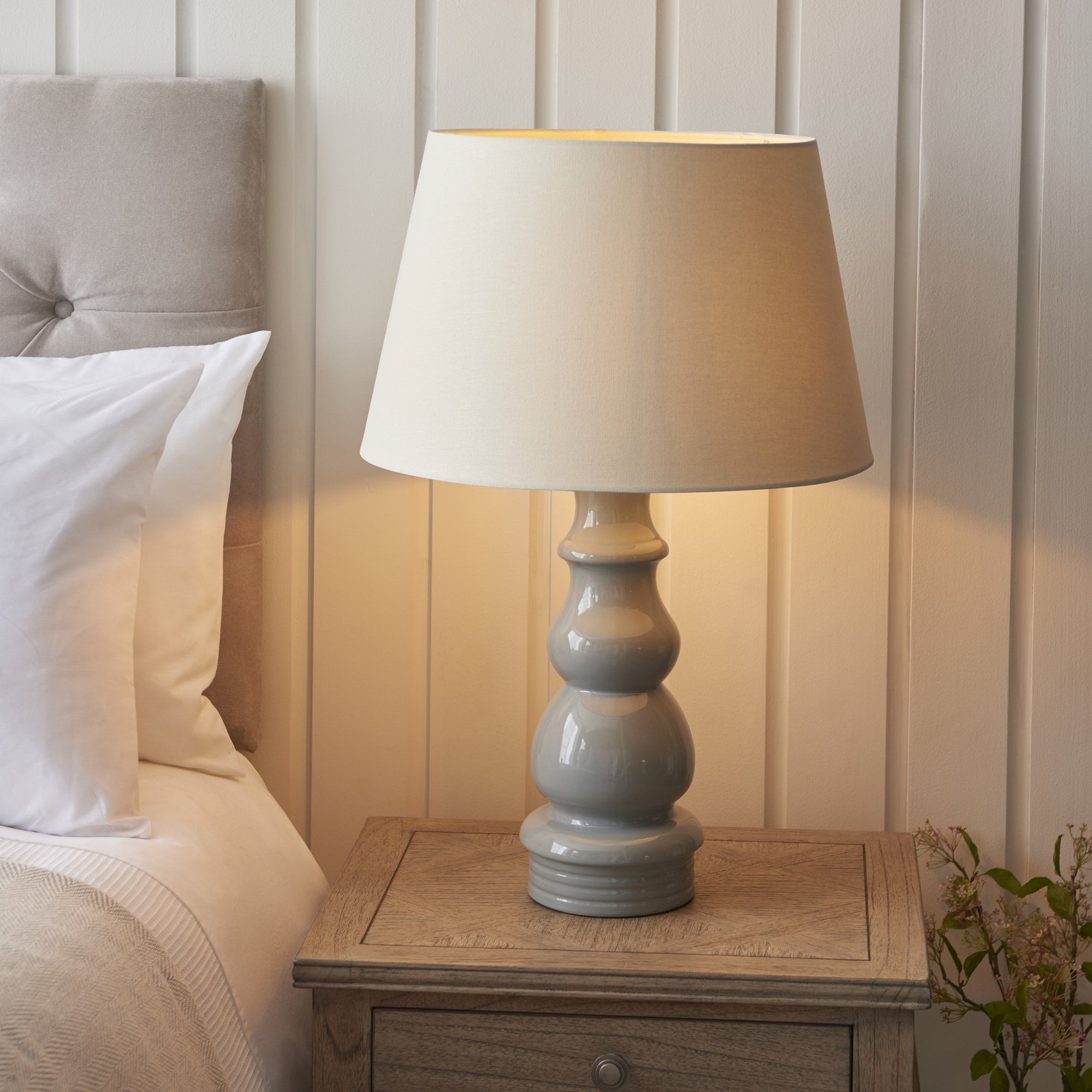 103376 Provence And Cici 1 Light Table Lamp Blue Grey Satin Nickel Plate And Ivory Linen Fabric