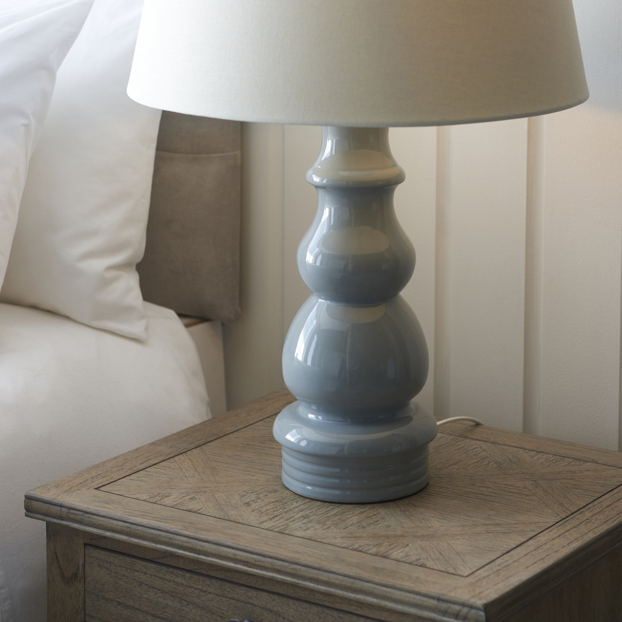 103376 Provence And Cici 1 Light Table Lamp Blue Grey Satin Nickel Plate And Ivory Linen Fabric