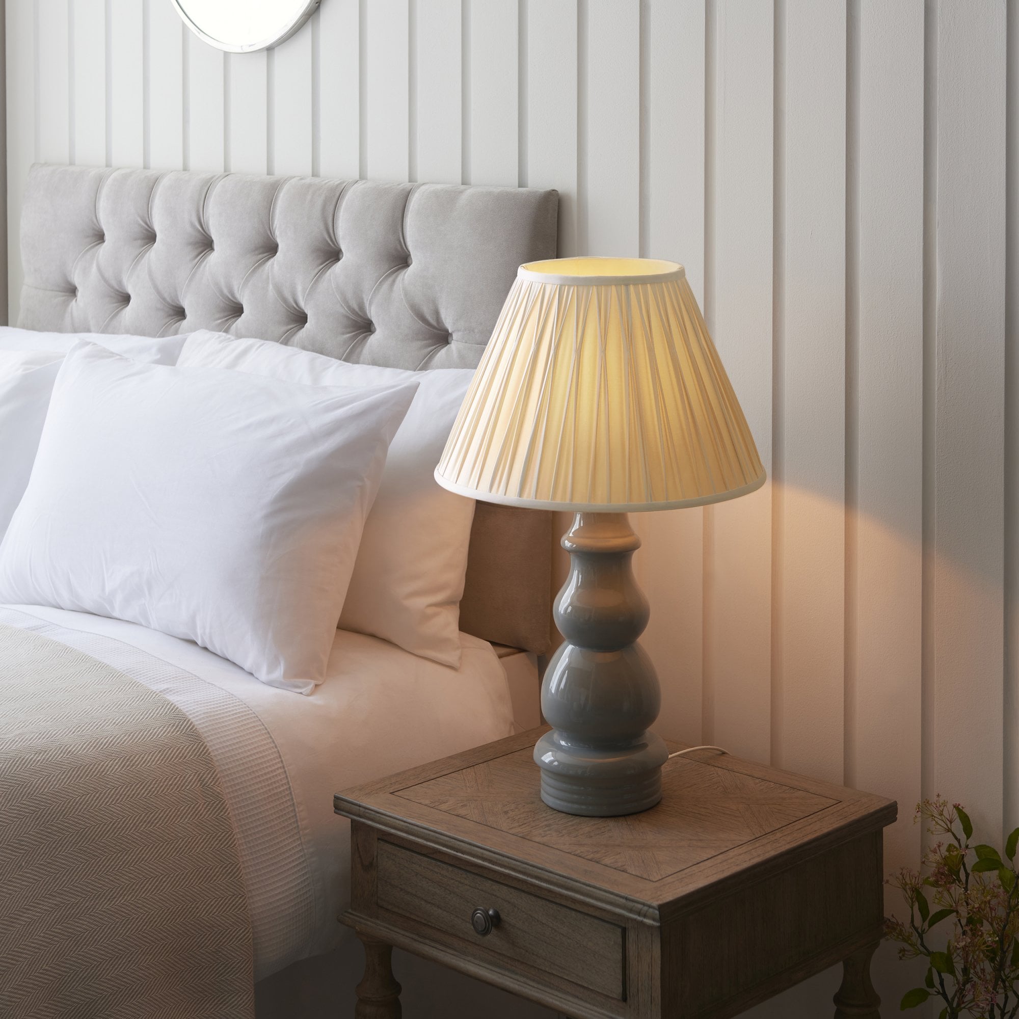 103378 Provence And Chatsworth 1 Light Table Lamp Blue Grey Satin Nickel And Ivory Silk Fabric