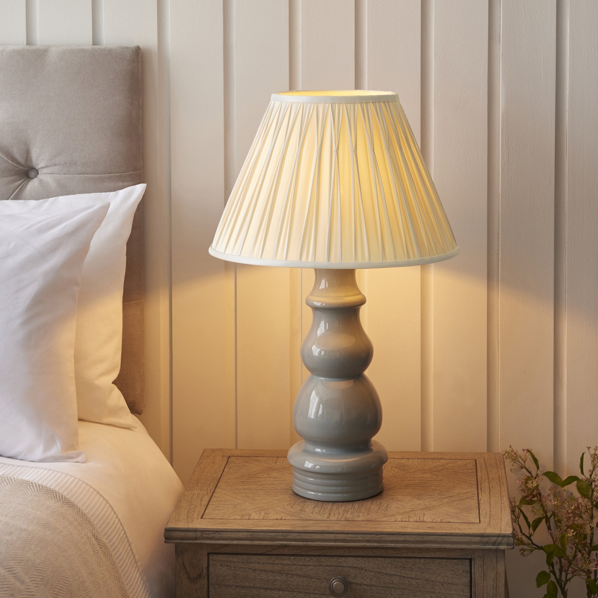 103378 Provence And Chatsworth 1 Light Table Lamp Blue Grey Satin Nickel And Ivory Silk Fabric