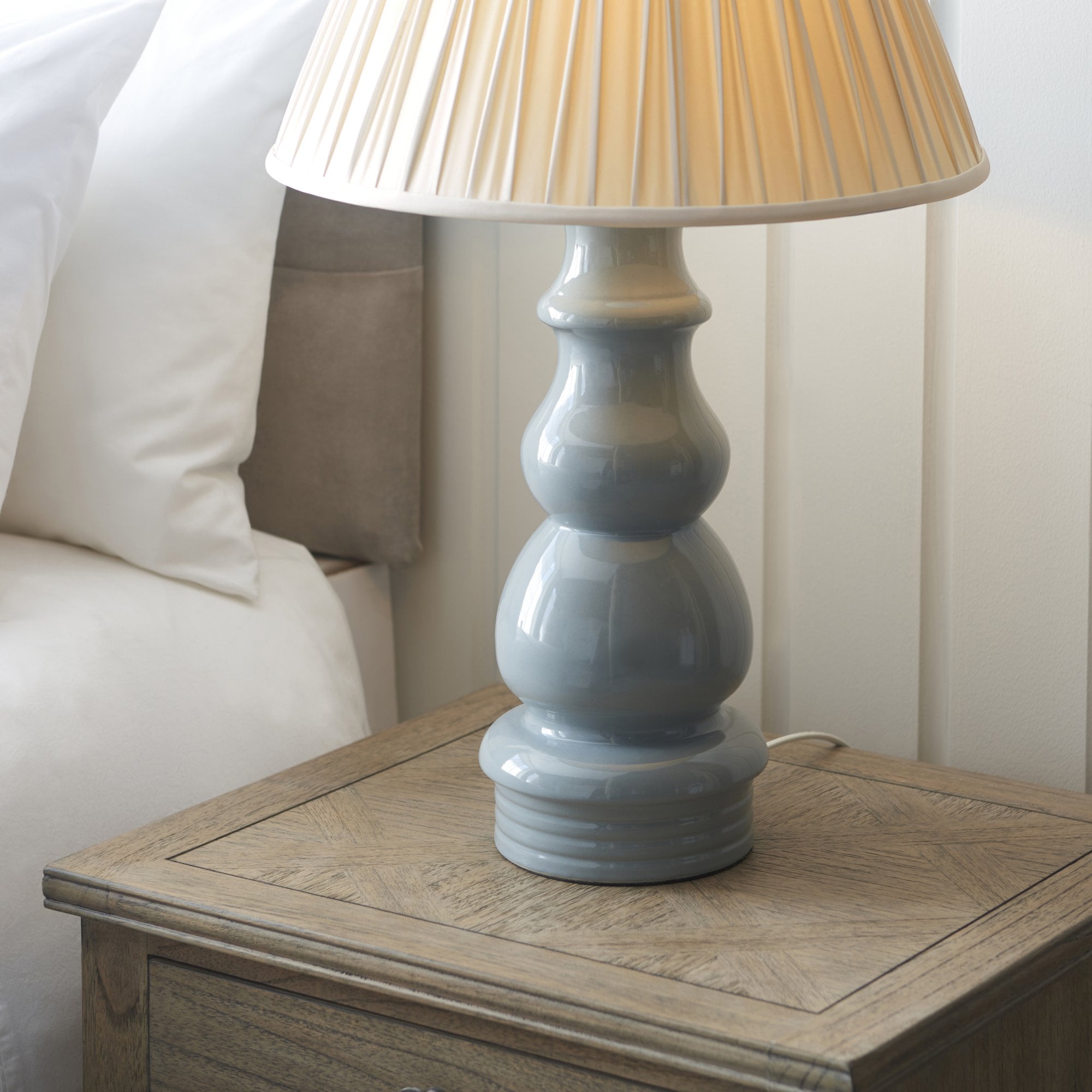103378 Provence And Chatsworth 1 Light Table Lamp Blue Grey Satin Nickel And Ivory Silk Fabric