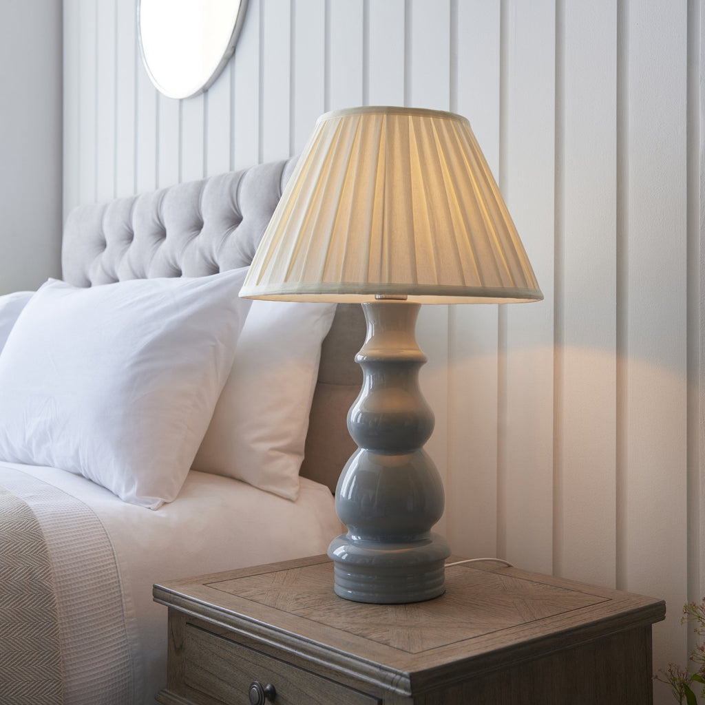 103379 Provence And Carla 1 Light Table Lamp Blue Grey Glaze Satin Nickel Plate And Cream Fabric