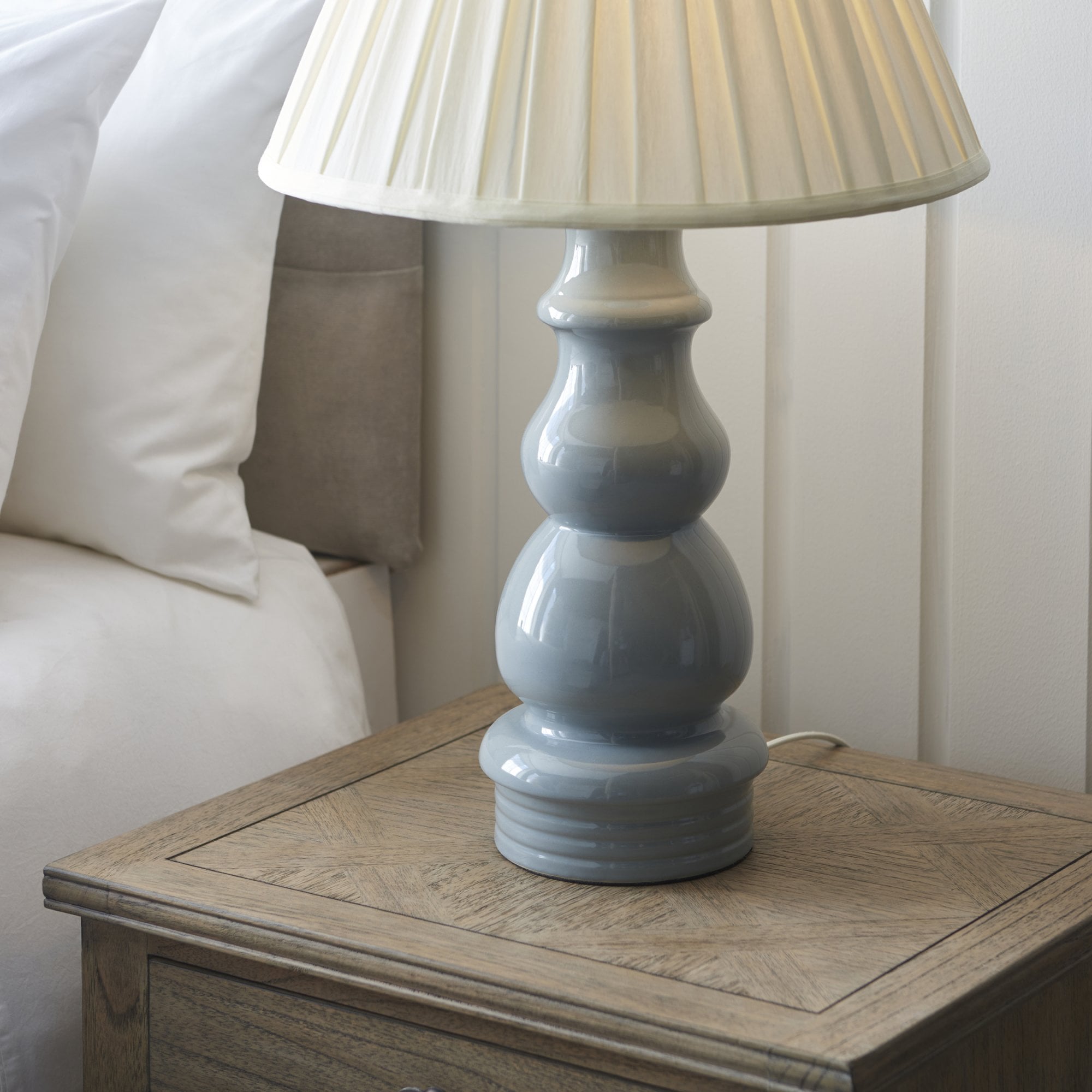 103379 Provence And Carla 1 Light Table Lamp Blue Grey Glaze Satin Nickel Plate And Cream Fabric