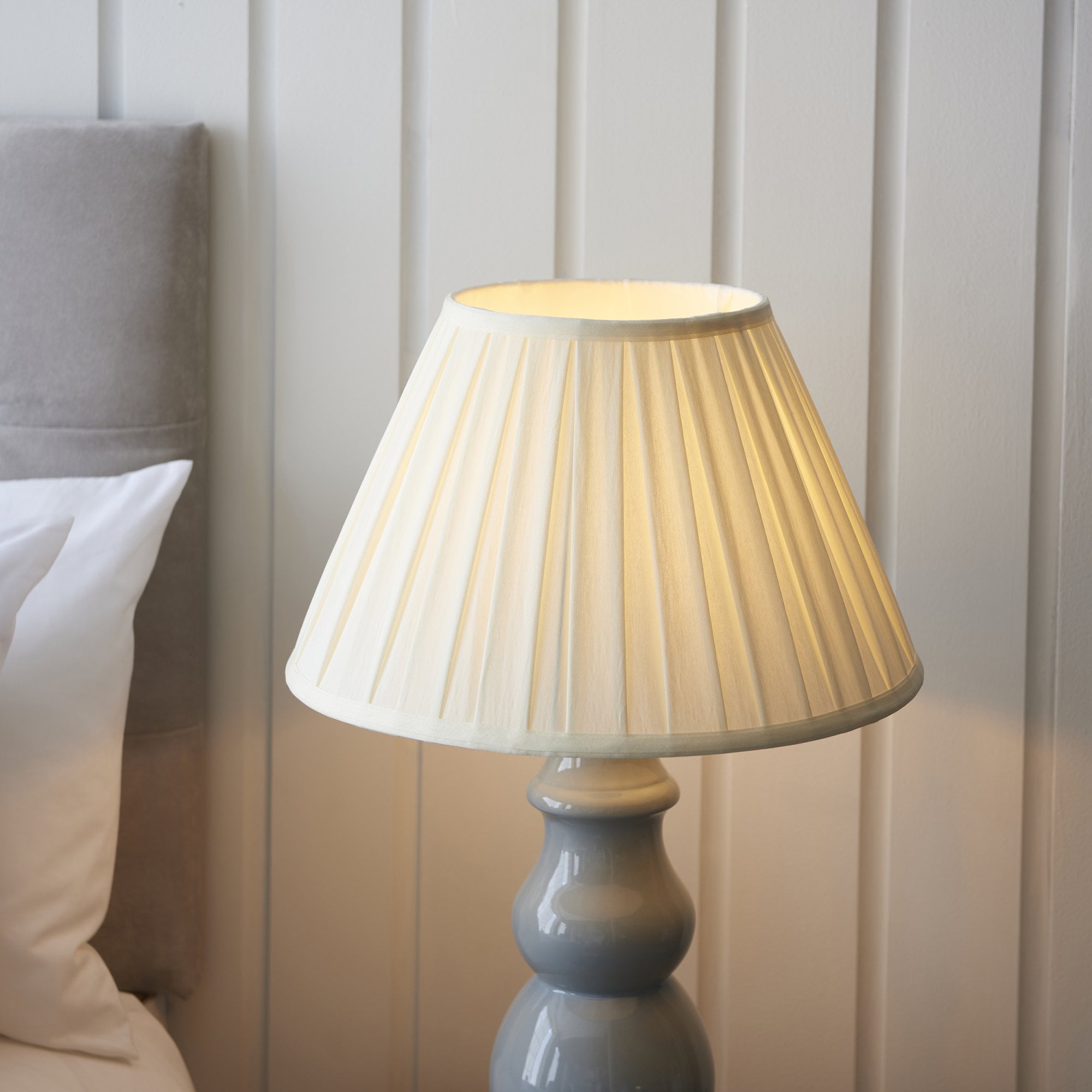 103379 Provence And Carla 1 Light Table Lamp Blue Grey Glaze Satin Nickel Plate And Cream Fabric