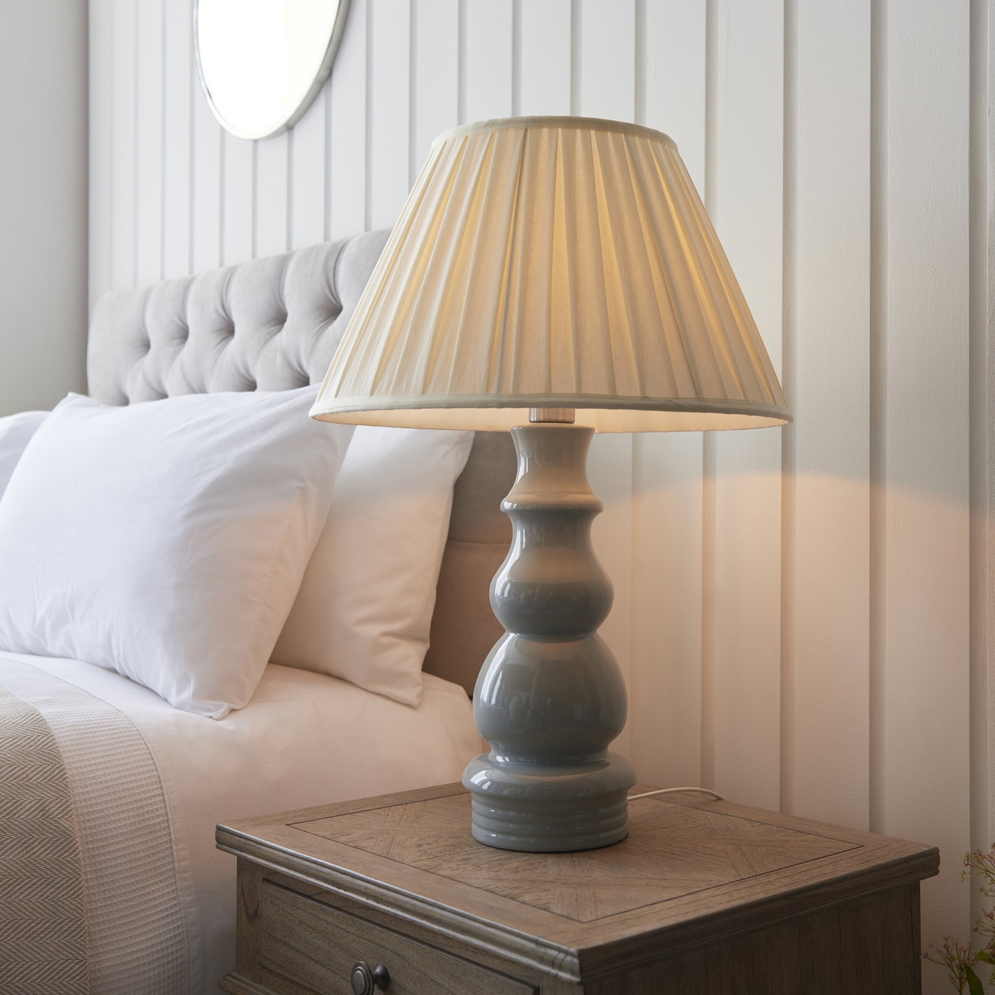 103380 Provence And Carla 1 Light Table Lamp Blue Grey Glaze Satin Nickel Plate And Cream Fabric