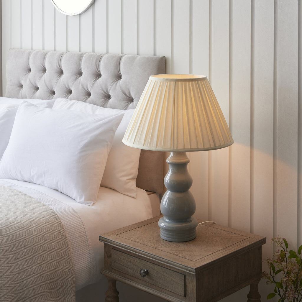 103380 Provence And Carla 1 Light Table Lamp Blue Grey Glaze Satin Nickel Plate And Cream Fabric