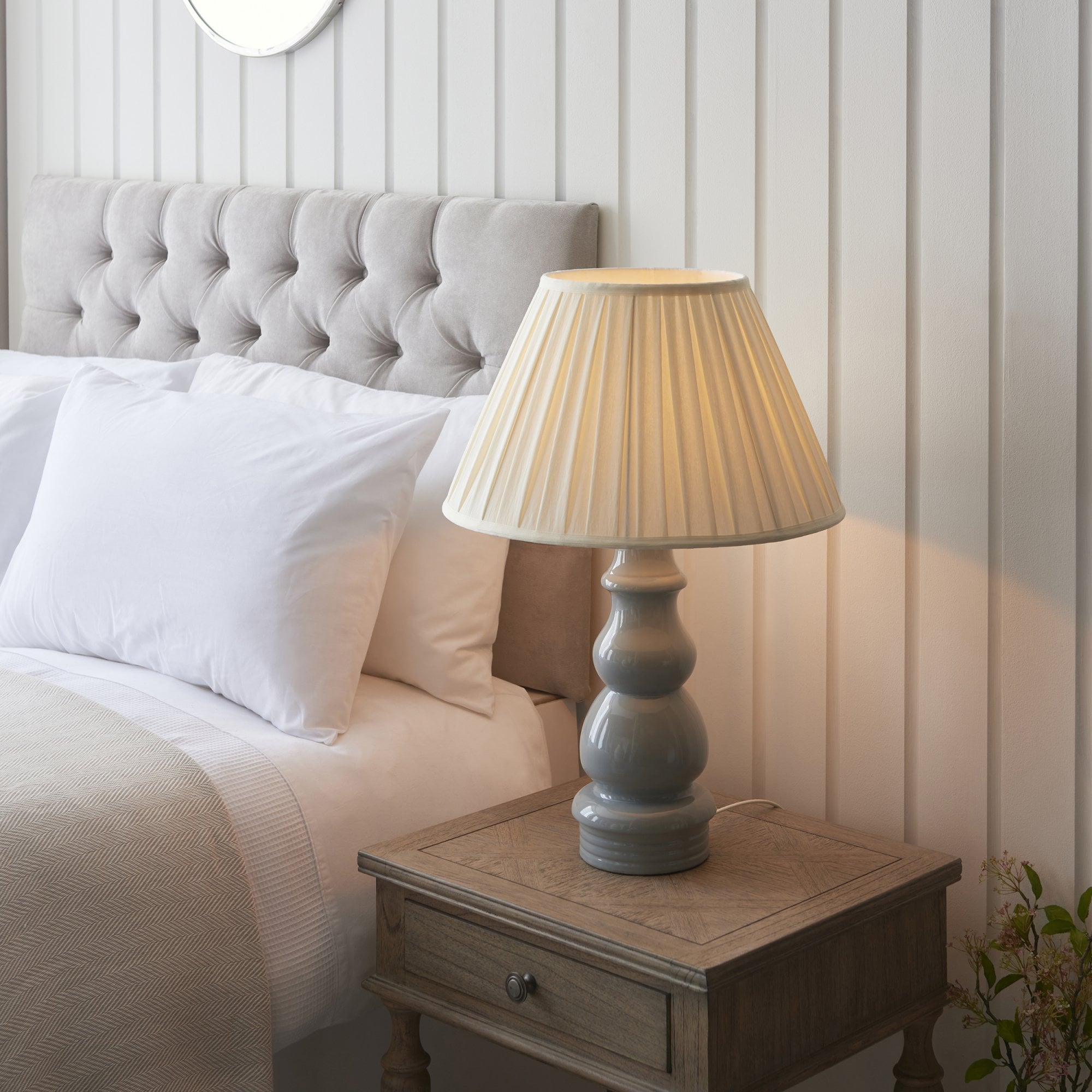103380 Provence And Carla 1 Light Table Lamp Blue Grey Glaze Satin Nickel Plate And Cream Fabric