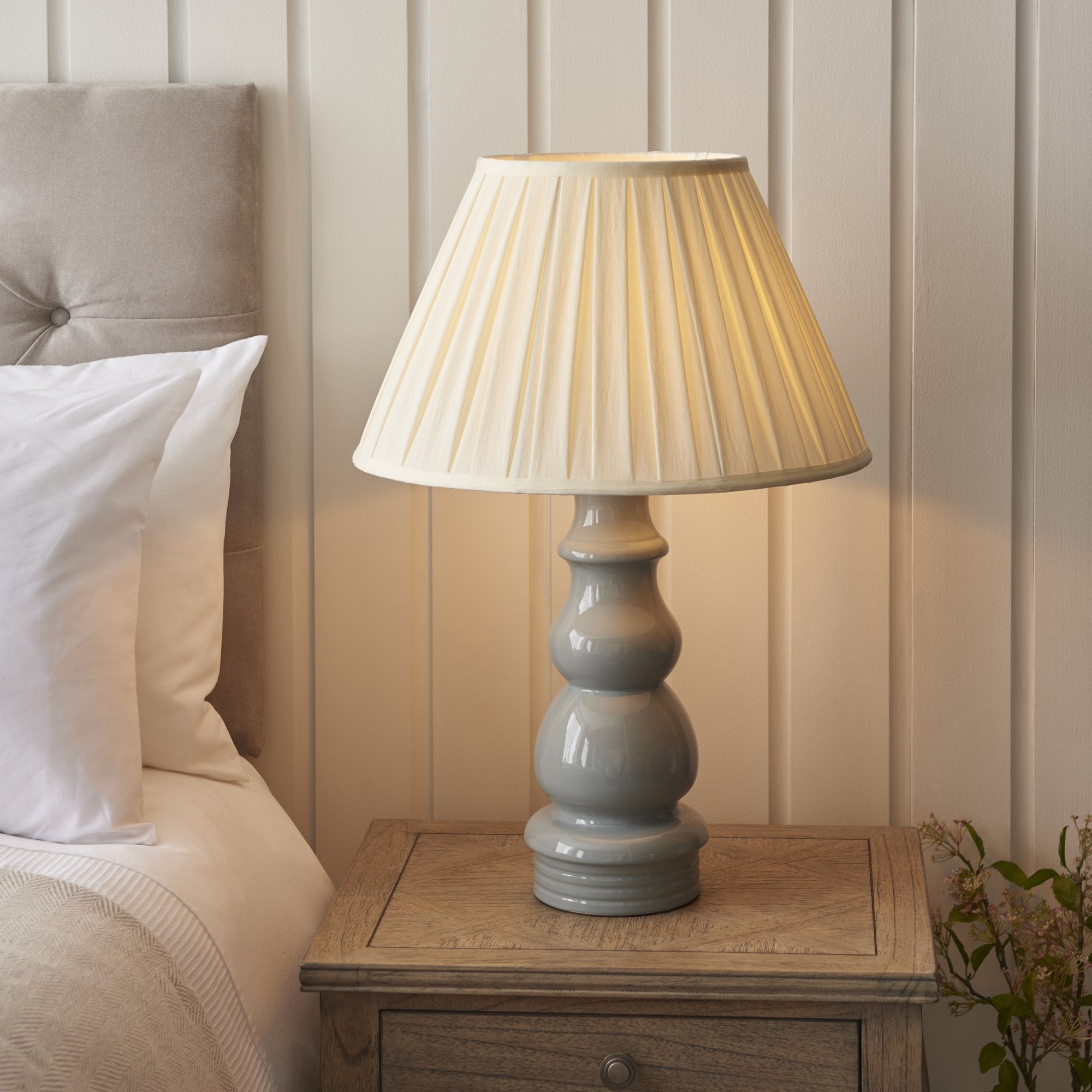 103380 Provence And Carla 1 Light Table Lamp Blue Grey Glaze Satin Nickel Plate And Cream Fabric