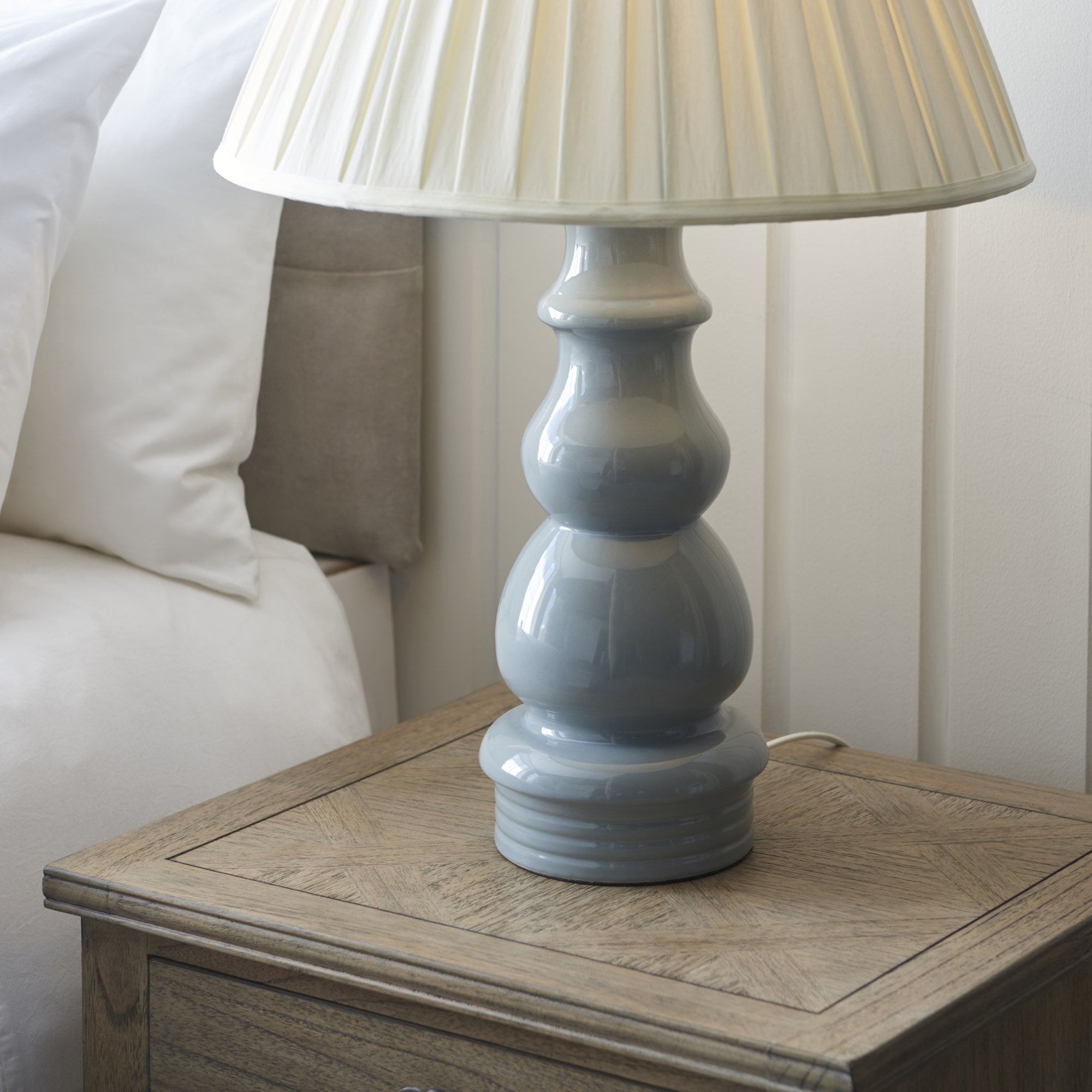 103380 Provence And Carla 1 Light Table Lamp Blue Grey Glaze Satin Nickel Plate And Cream Fabric