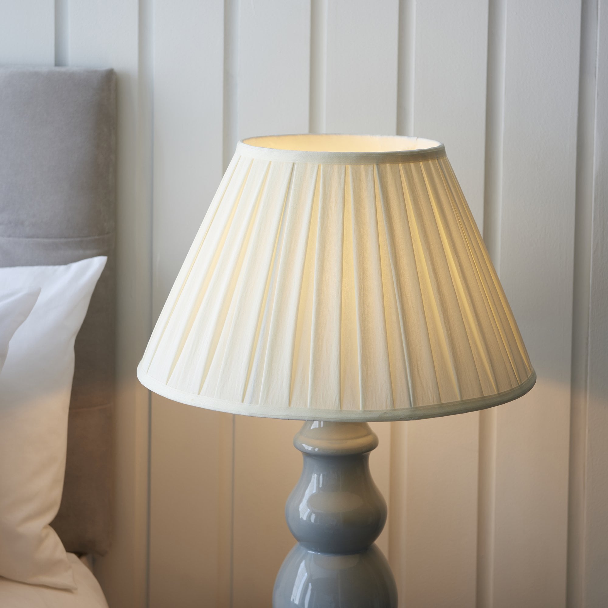 103380 Provence And Carla 1 Light Table Lamp Blue Grey Glaze Satin Nickel Plate And Cream Fabric