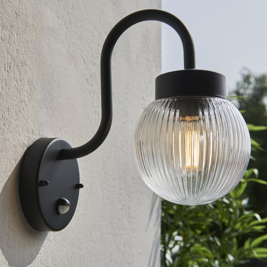 103829 Eldon Outdoor 1 Light Wall Textured Black And Clear Ribbed Glass