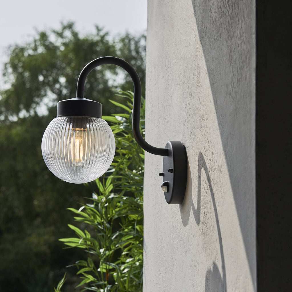 103829 Eldon Outdoor 1 Light Wall Textured Black And Clear Ribbed Glass