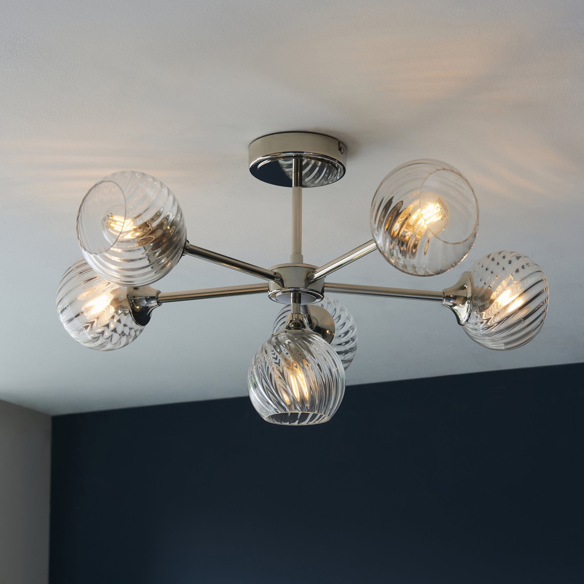 104050 Allegra 6 Light Semi Flush Bright Nickel Plate And Clear Spiral Glass