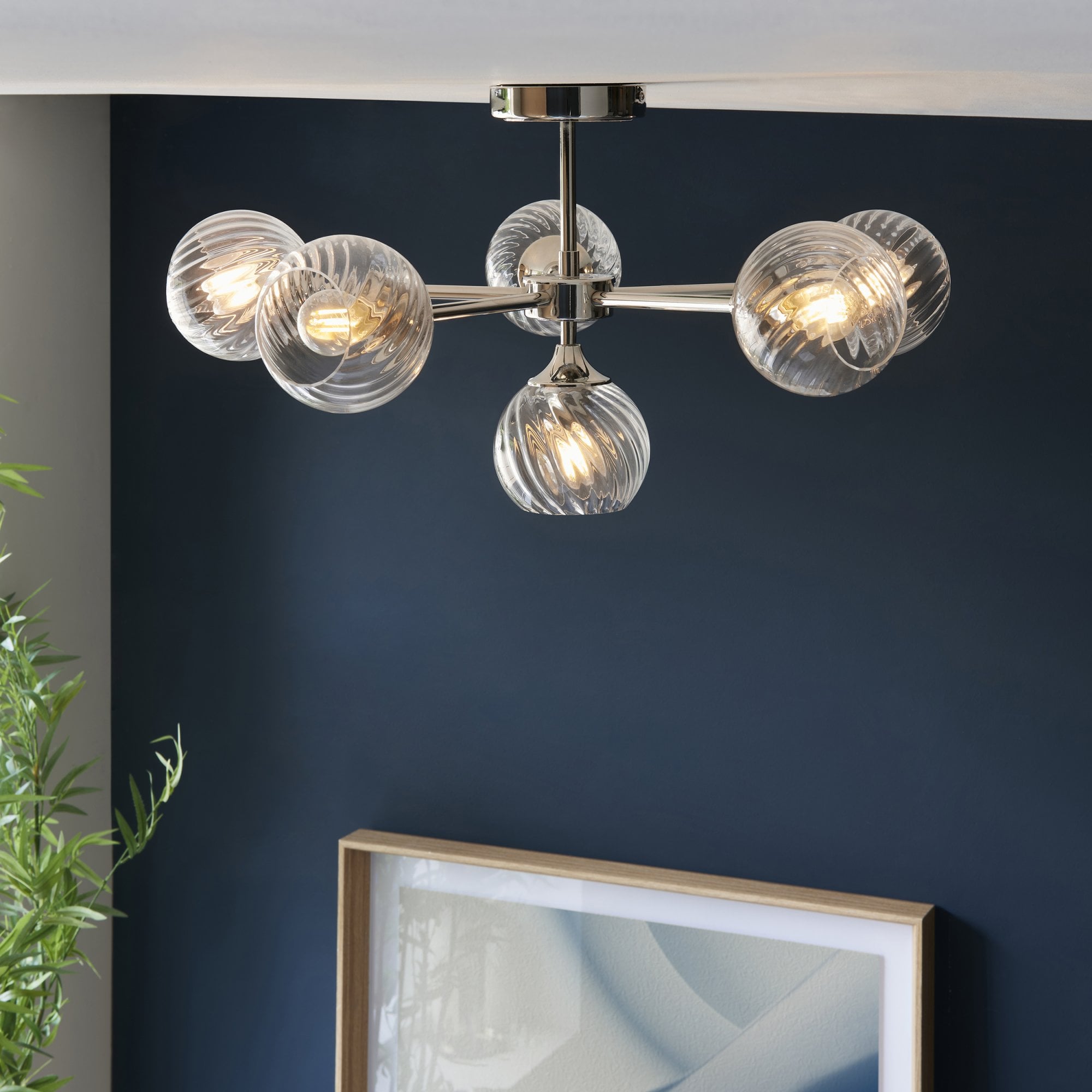 104050 Allegra 6 Light Semi Flush Bright Nickel Plate And Clear Spiral Glass