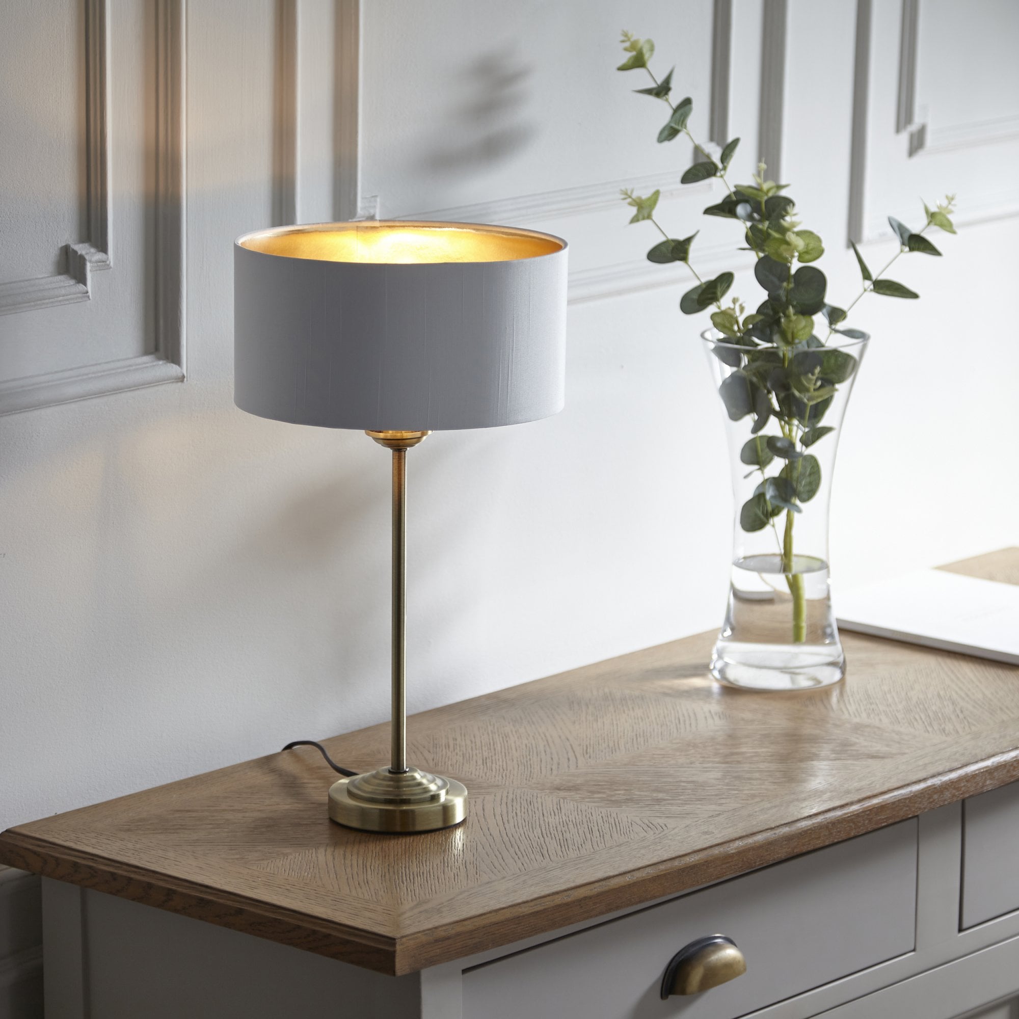 104054 Highclere 1 Light Table Lamp Antique Brass Plate And Vintage White Fabric
