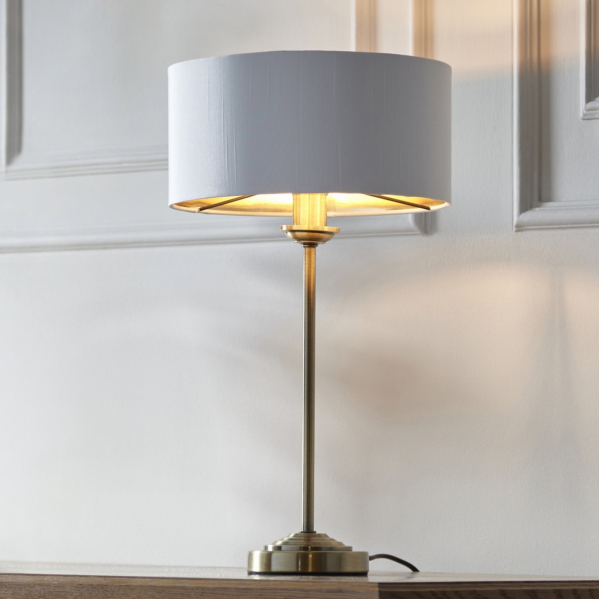 104054 Highclere 1 Light Table Lamp Antique Brass Plate And Vintage White Fabric