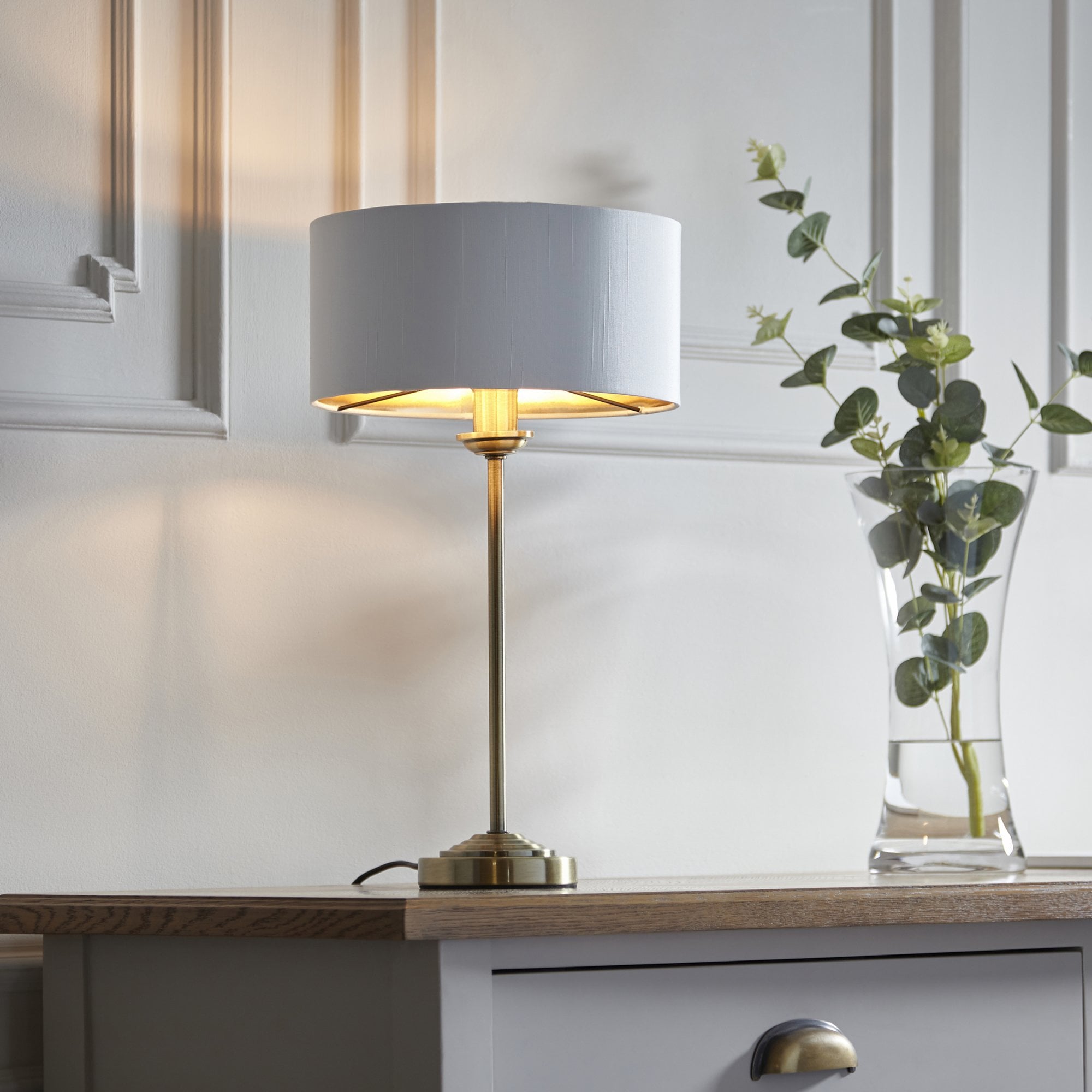 104054 Highclere 1 Light Table Lamp Antique Brass Plate And Vintage White Fabric