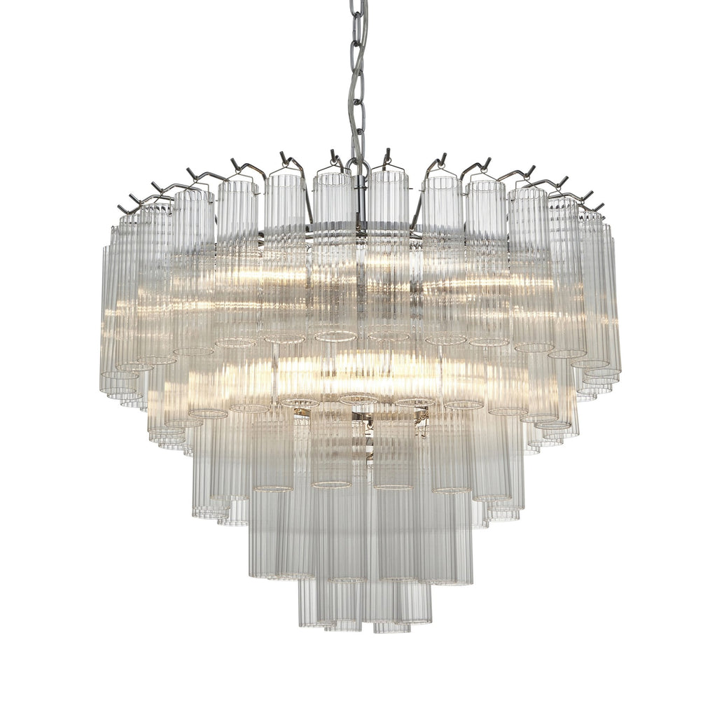 104090 Toulouse 12 Light Pendant Bright Nickel Plate And Clear Ribbed Glass