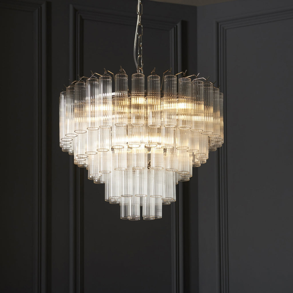 104090 Toulouse 12 Light Pendant Bright Nickel Plate And Clear Ribbed Glass