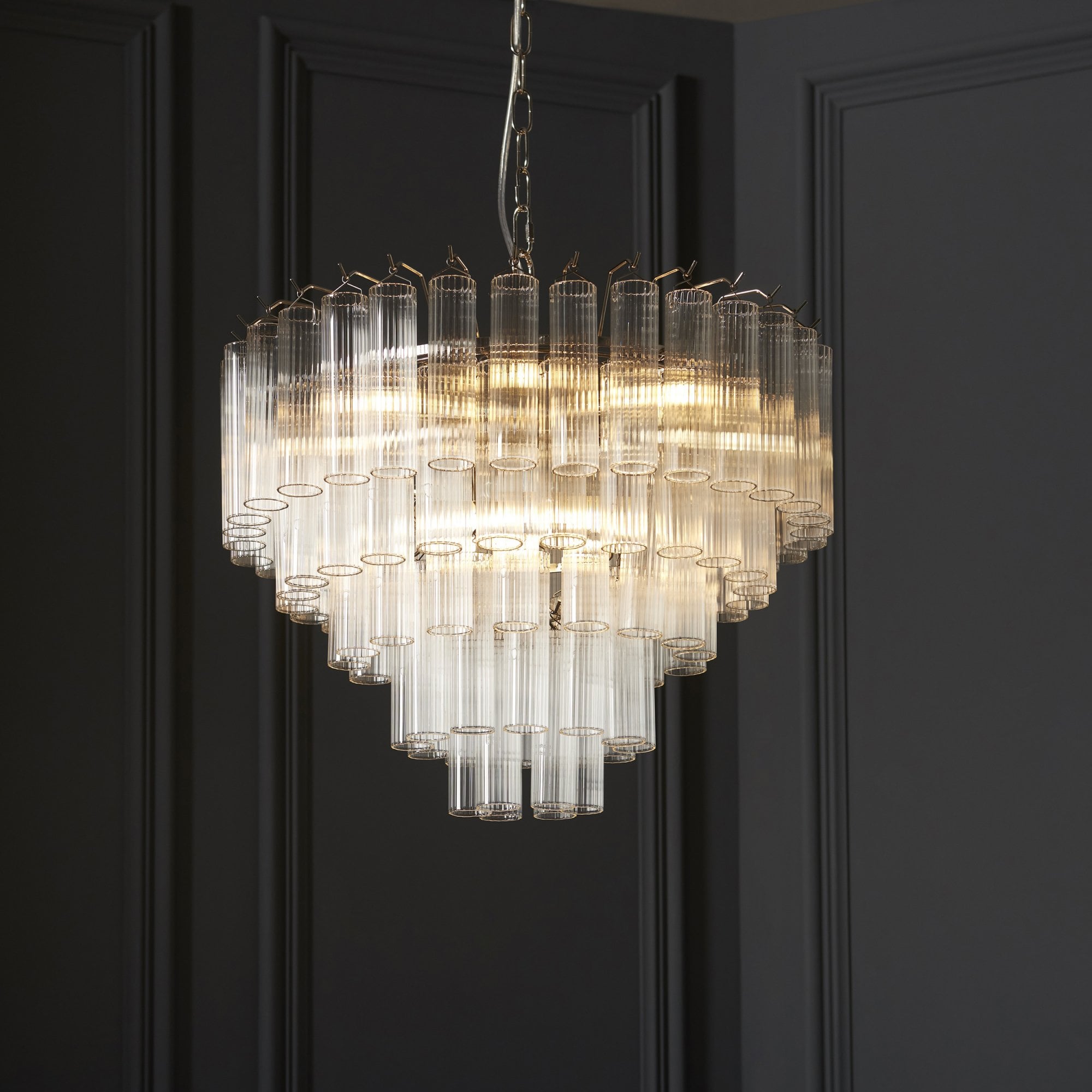 104090 Toulouse 12 Light Pendant Bright Nickel Plate And Clear Ribbed Glass