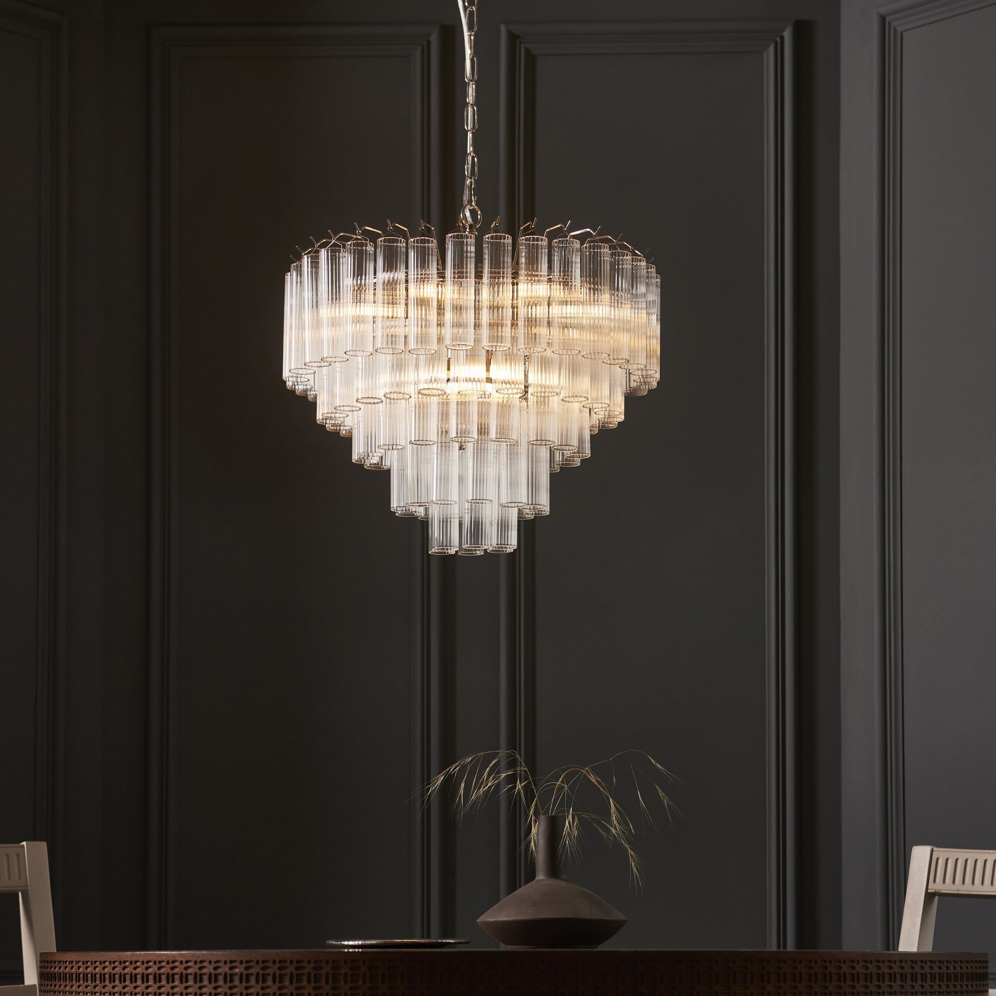 104090 Toulouse 12 Light Pendant Bright Nickel Plate And Clear Ribbed Glass