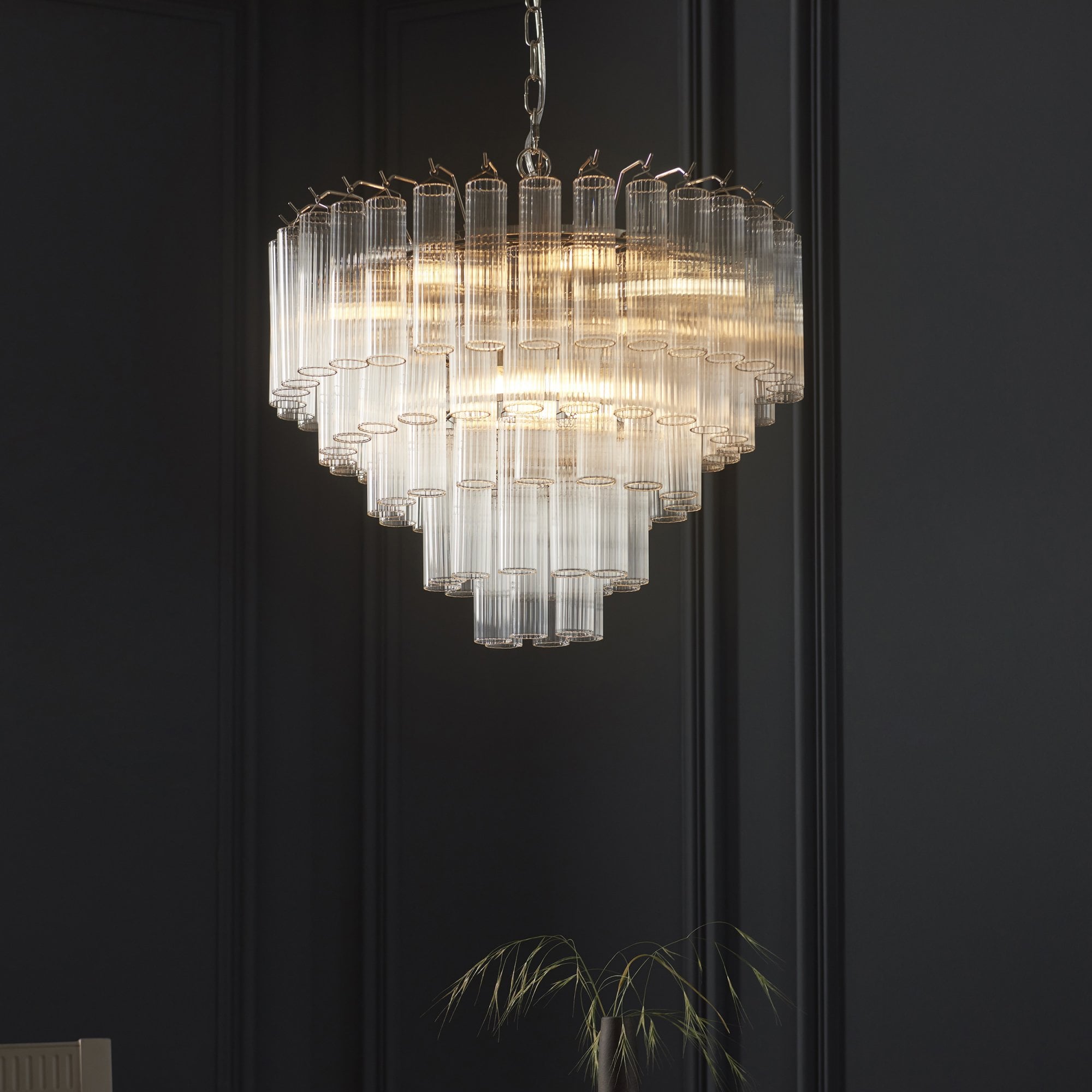 104090 Toulouse 12 Light Pendant Bright Nickel Plate And Clear Ribbed Glass