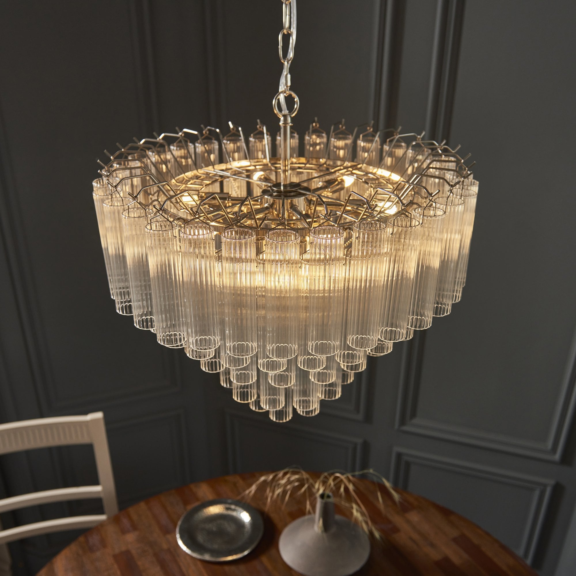 104090 Toulouse 12 Light Pendant Bright Nickel Plate And Clear Ribbed Glass