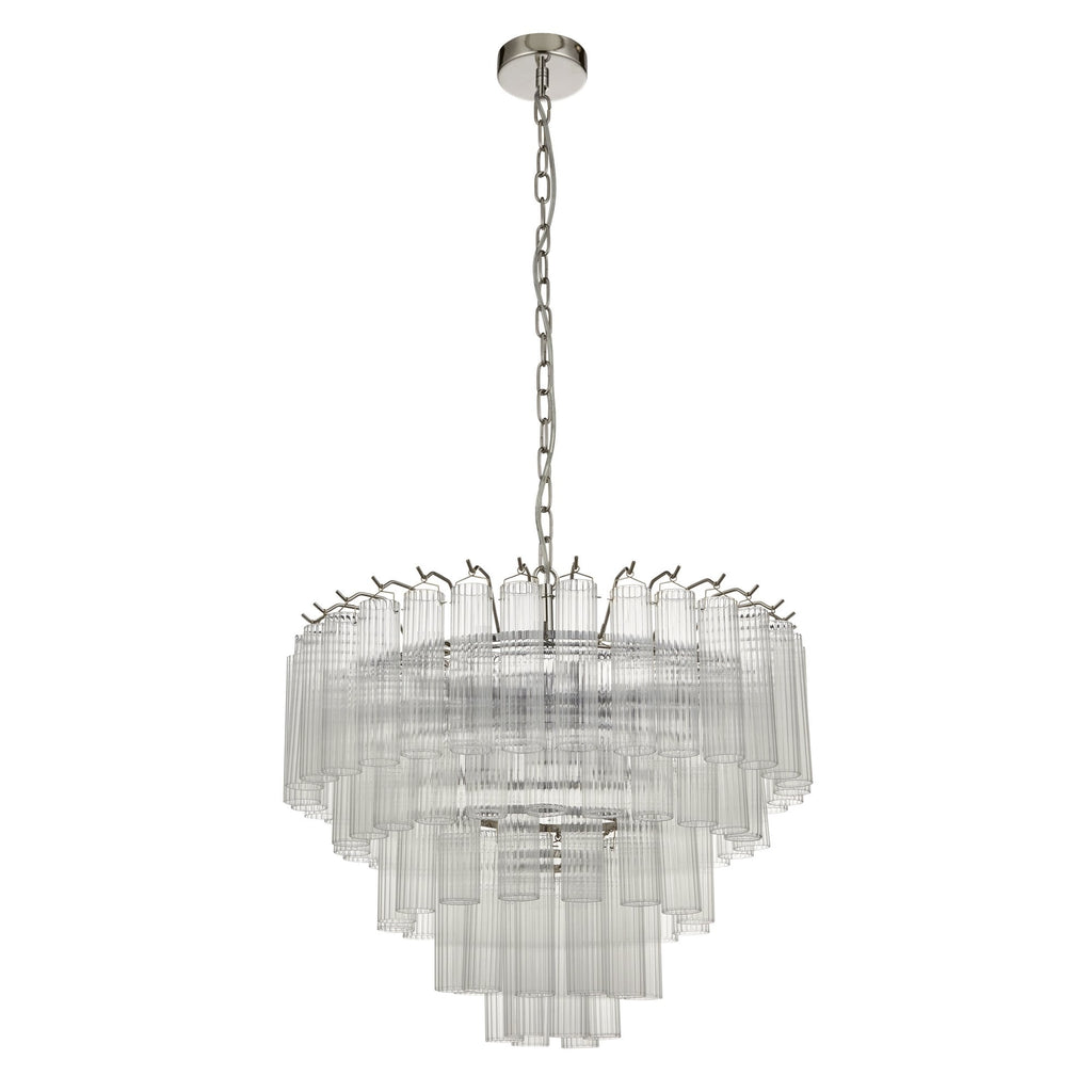 104090 Toulouse 12 Light Pendant Bright Nickel Plate And Clear Ribbed Glass