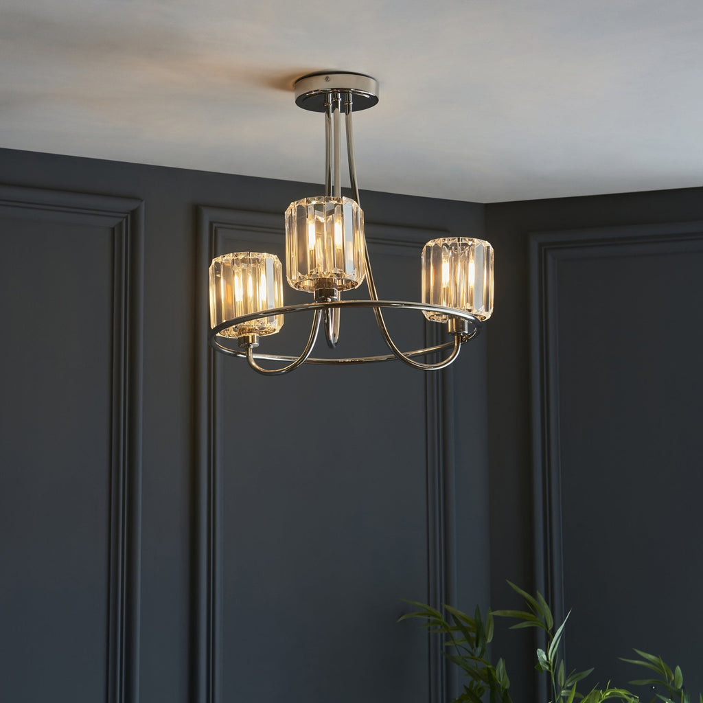104107 Berenice 3 Light Semi Flush Bright Nickel Plate And Clear Glass