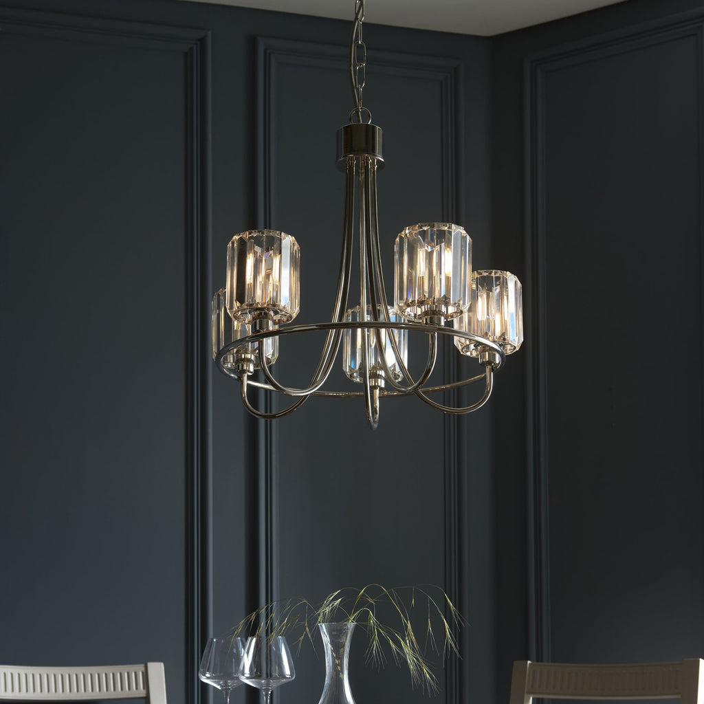 104108 Berenice 5 Light Pendant Bright Nickel Plate And Clear Glass