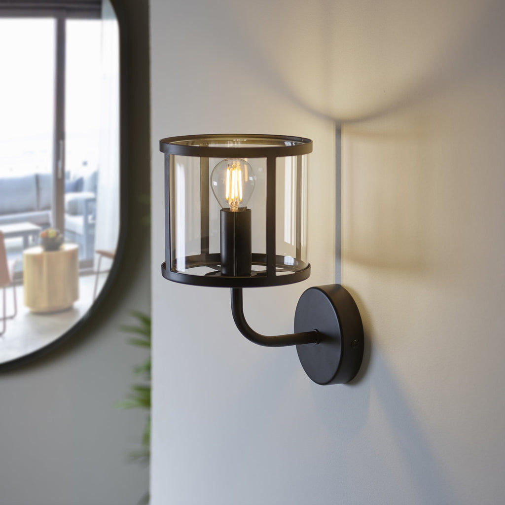 104193 Hopton 1 Light Wall Matt Black And Clear Glass