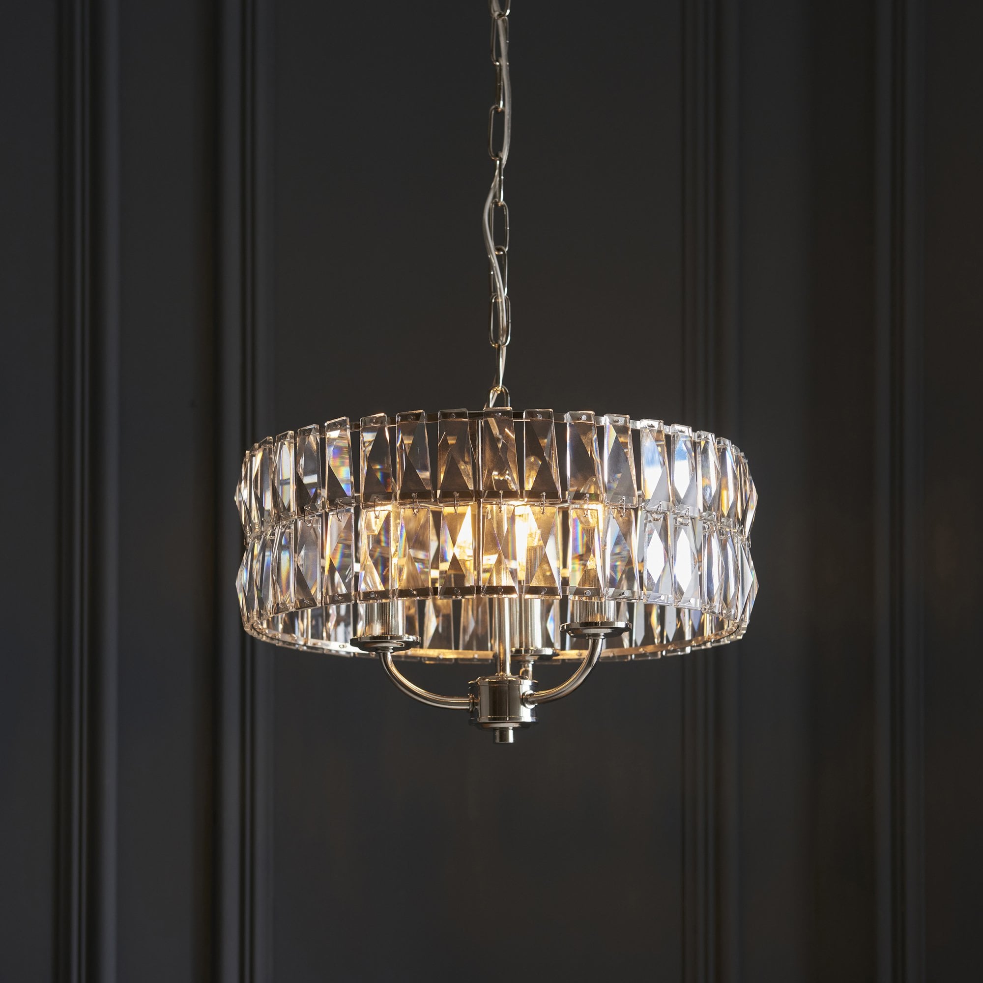 104466 Clifton 3 Light Pendant Bright Nickel Plate And Clear Crystal Glass