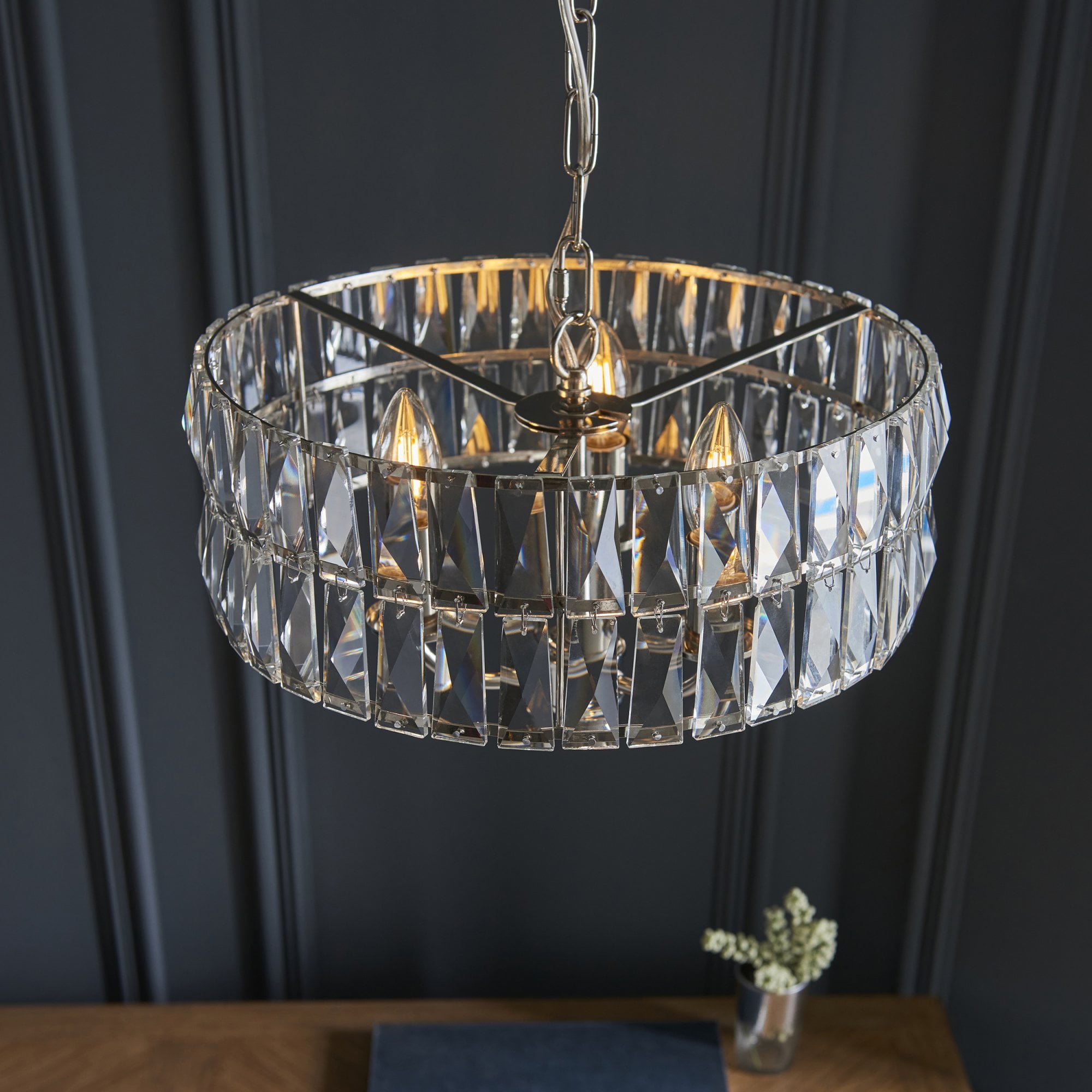 104466 Clifton 3 Light Pendant Bright Nickel Plate And Clear Crystal Glass