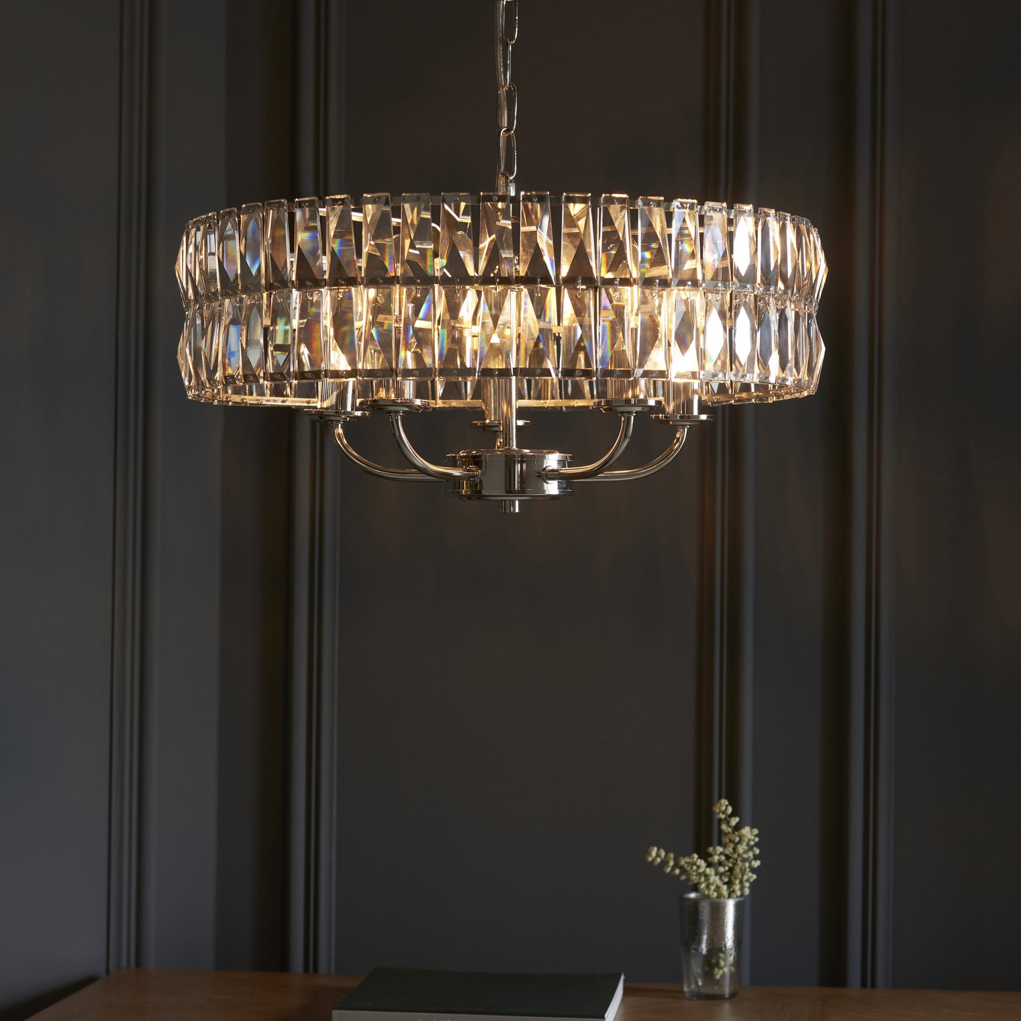 104467 Clifton 5 Light Pendant Bright Nickel Plate And Clear Crystal Glass