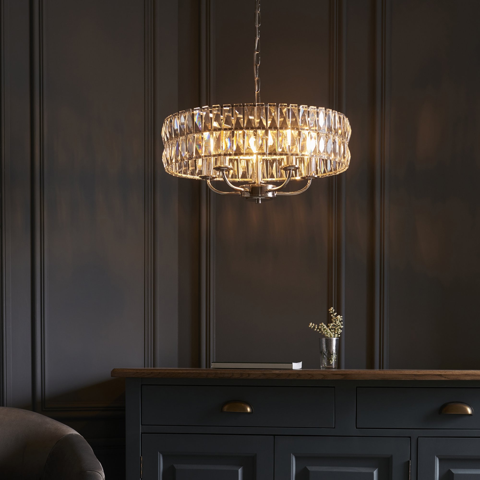 104467 Clifton 5 Light Pendant Bright Nickel Plate And Clear Crystal Glass