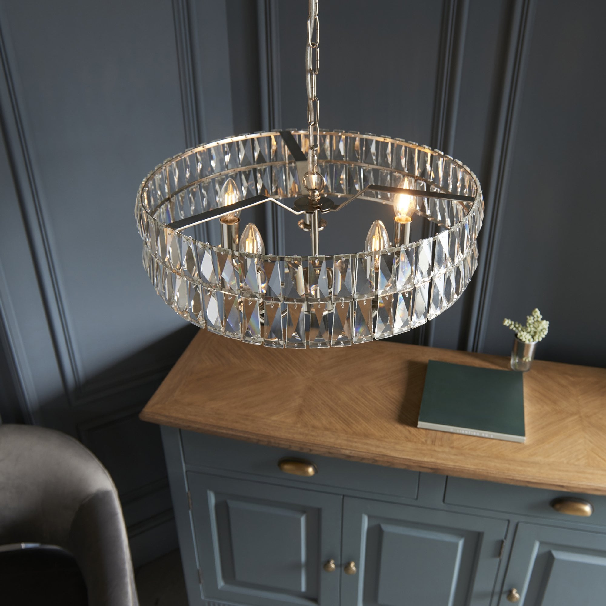 104467 Clifton 5 Light Pendant Bright Nickel Plate And Clear Crystal Glass