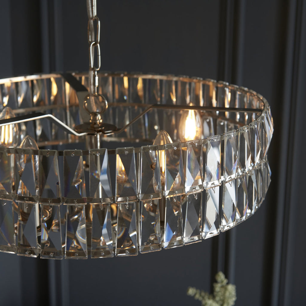 104467 Clifton 5 Light Pendant Bright Nickel Plate And Clear Crystal Glass