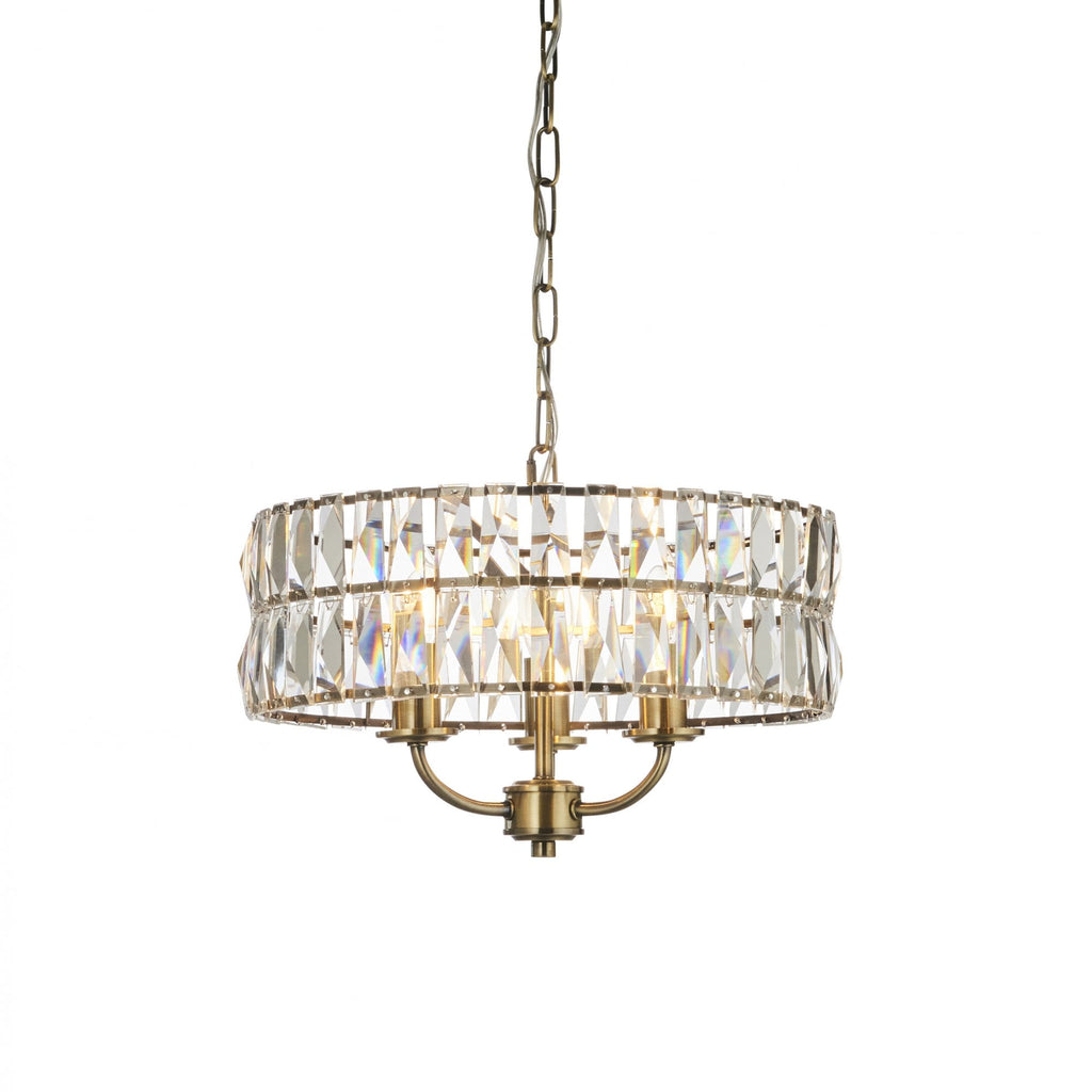 106243 Clifton 3 Light Pendant Antique Brass Plate And Clear Crystal Glass