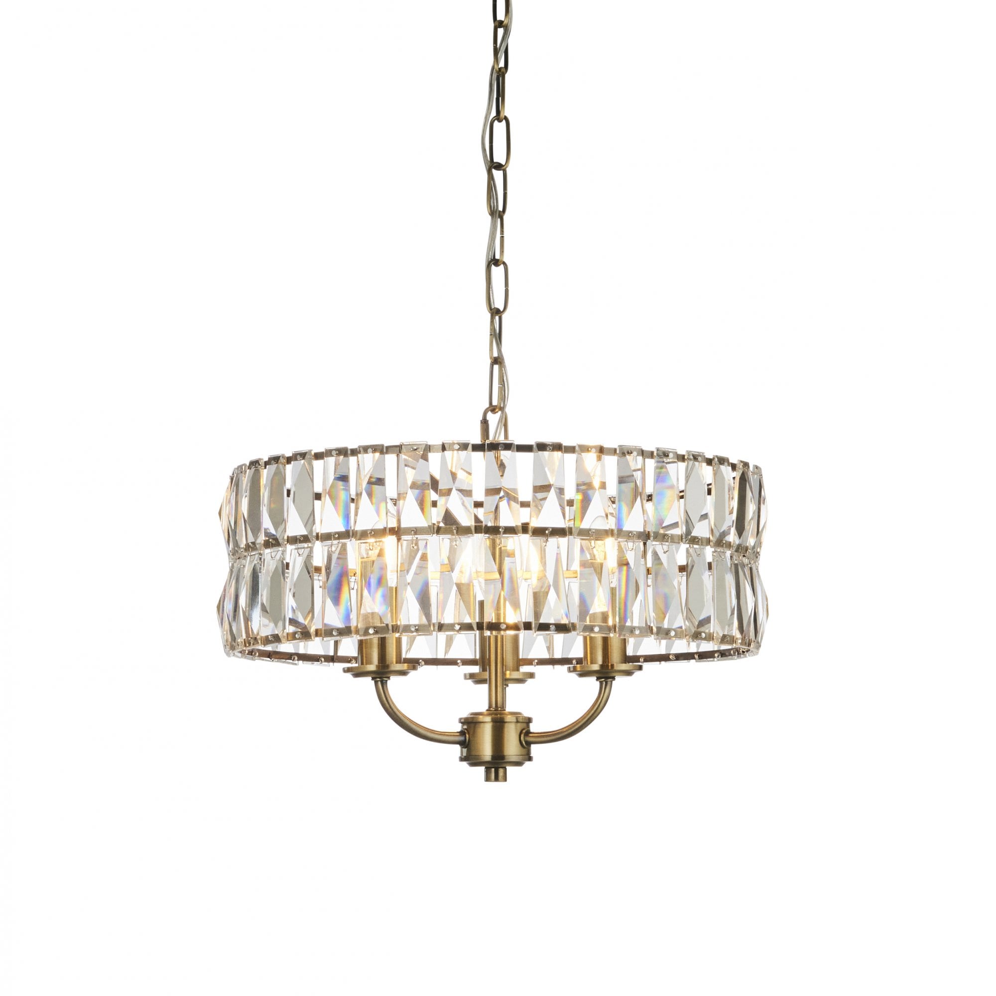 106243 Clifton 3 Light Pendant Antique Brass Plate And Clear Crystal Glass
