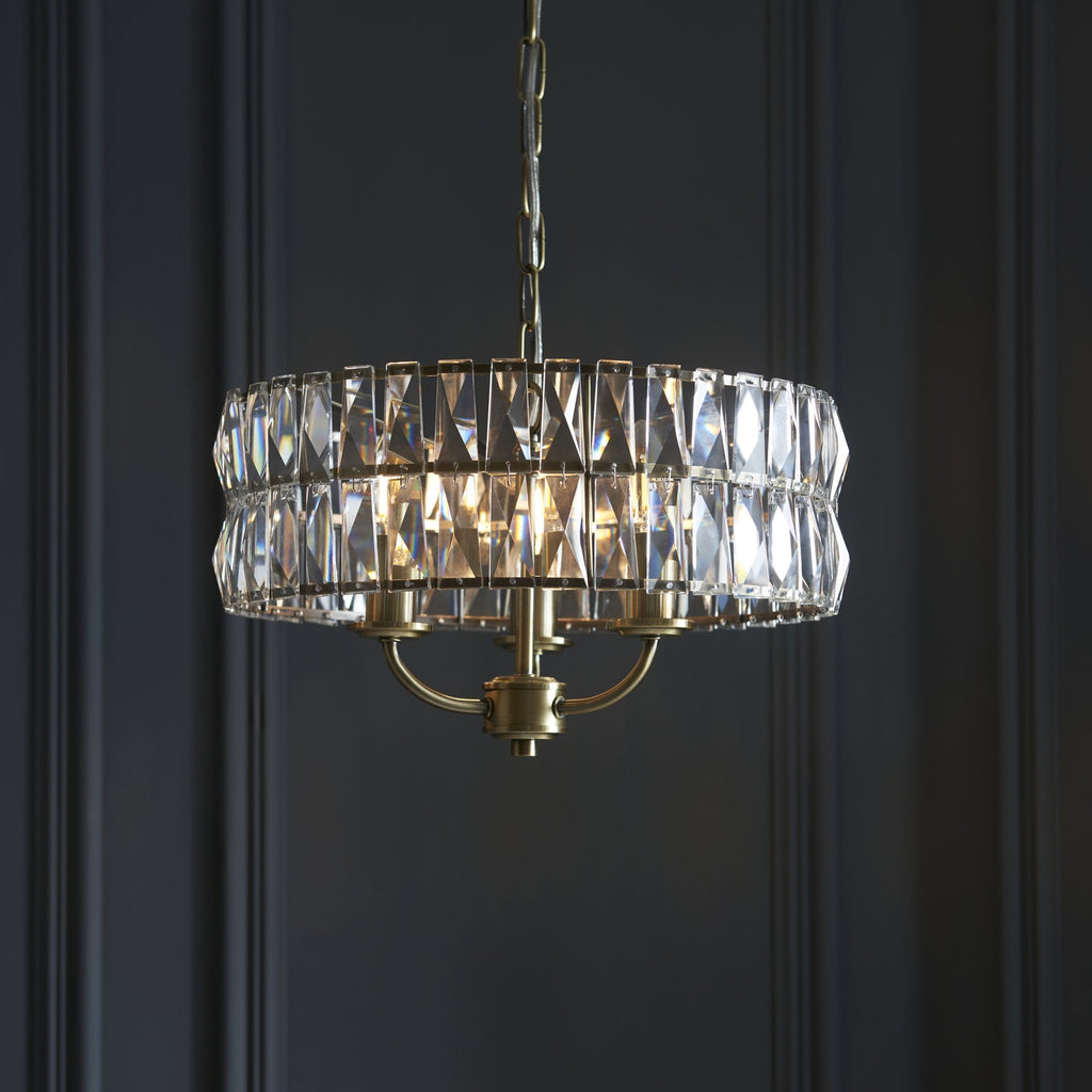 106243 Clifton 3 Light Pendant Antique Brass Plate And Clear Crystal Glass