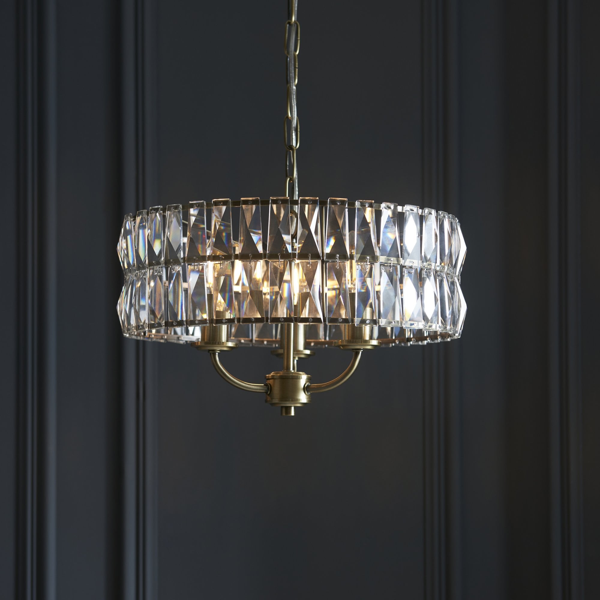 106243 Clifton 3 Light Pendant Antique Brass Plate And Clear Crystal Glass