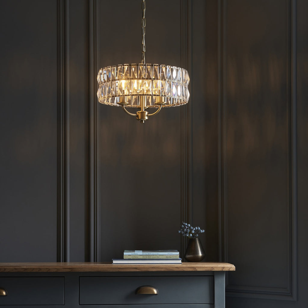 106243 Clifton 3 Light Pendant Antique Brass Plate And Clear Crystal Glass