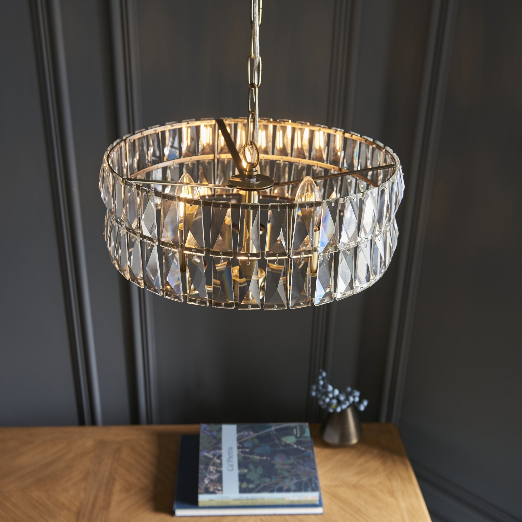 106243 Clifton 3 Light Pendant Antique Brass Plate And Clear Crystal Glass