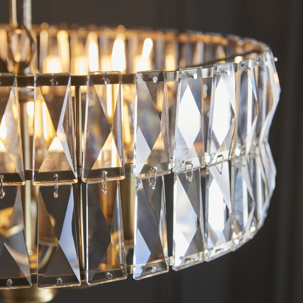 106243 Clifton 3 Light Pendant Antique Brass Plate And Clear Crystal Glass