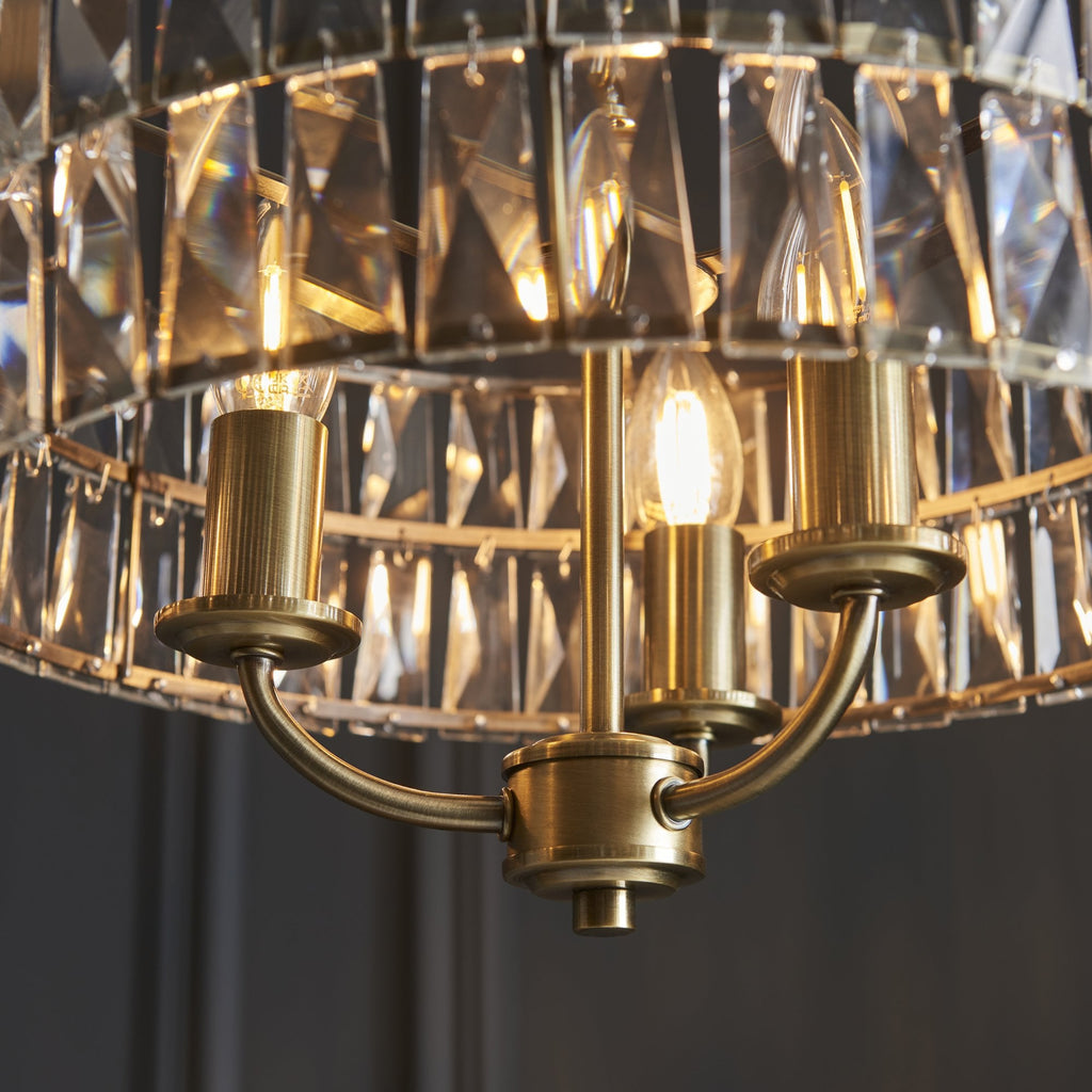 106243 Clifton 3 Light Pendant Antique Brass Plate And Clear Crystal Glass