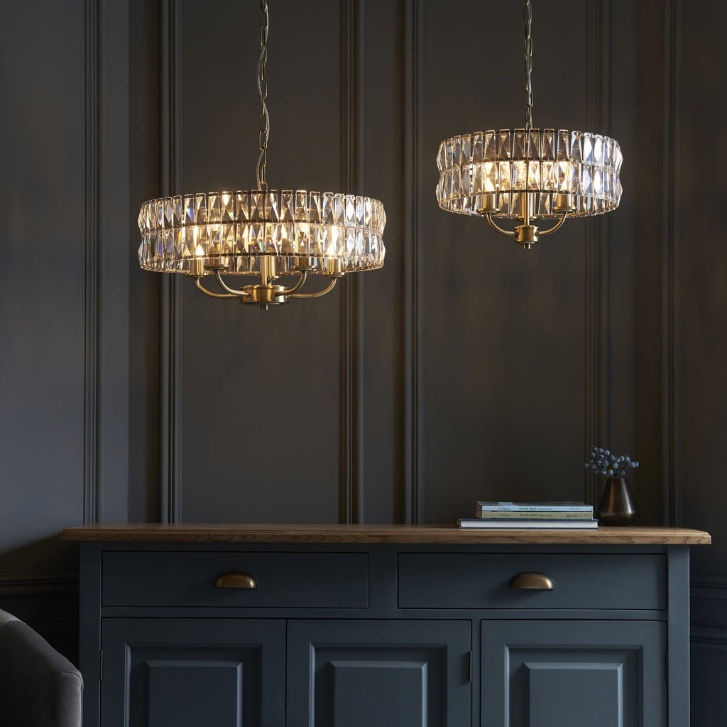 106243 Clifton 3 Light Pendant Antique Brass Plate And Clear Crystal Glass