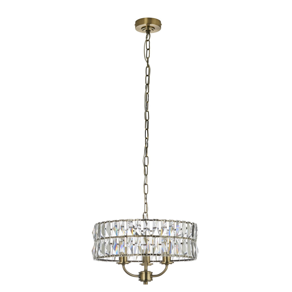 106243 Clifton 3 Light Pendant Antique Brass Plate And Clear Crystal Glass